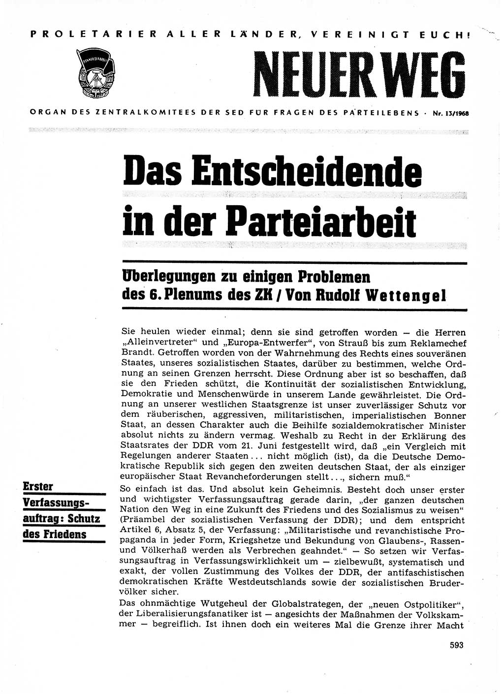 Neuer Weg (NW), Organ des Zentralkomitees (ZK) der SED (Sozialistische Einheitspartei Deutschlands) für Fragen des Parteilebens, 23. Jahrgang [Deutsche Demokratische Republik (DDR)] 1968, Seite 593 (NW ZK SED DDR 1968, S. 593)