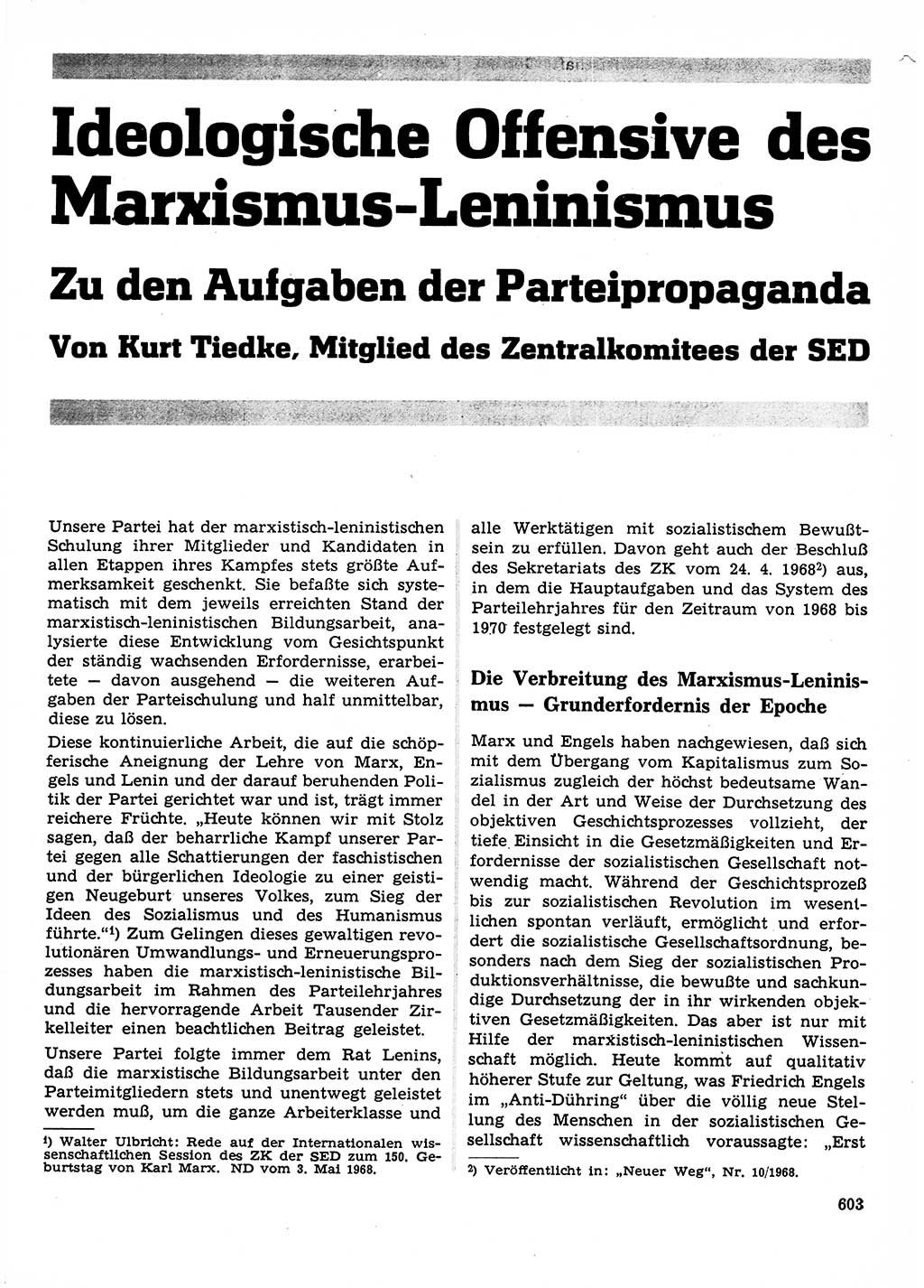 Neuer Weg (NW), Organ des Zentralkomitees (ZK) der SED (Sozialistische Einheitspartei Deutschlands) für Fragen des Parteilebens, 23. Jahrgang [Deutsche Demokratische Republik (DDR)] 1968, Seite 603 (NW ZK SED DDR 1968, S. 603)