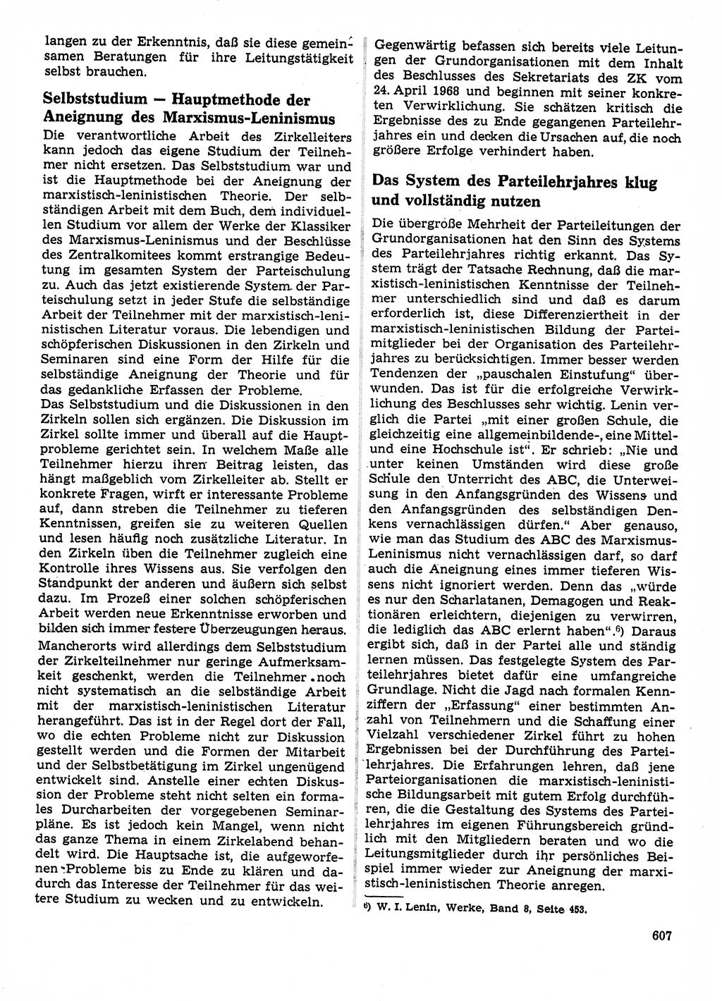 Neuer Weg (NW), Organ des Zentralkomitees (ZK) der SED (Sozialistische Einheitspartei Deutschlands) für Fragen des Parteilebens, 23. Jahrgang [Deutsche Demokratische Republik (DDR)] 1968, Seite 607 (NW ZK SED DDR 1968, S. 607)