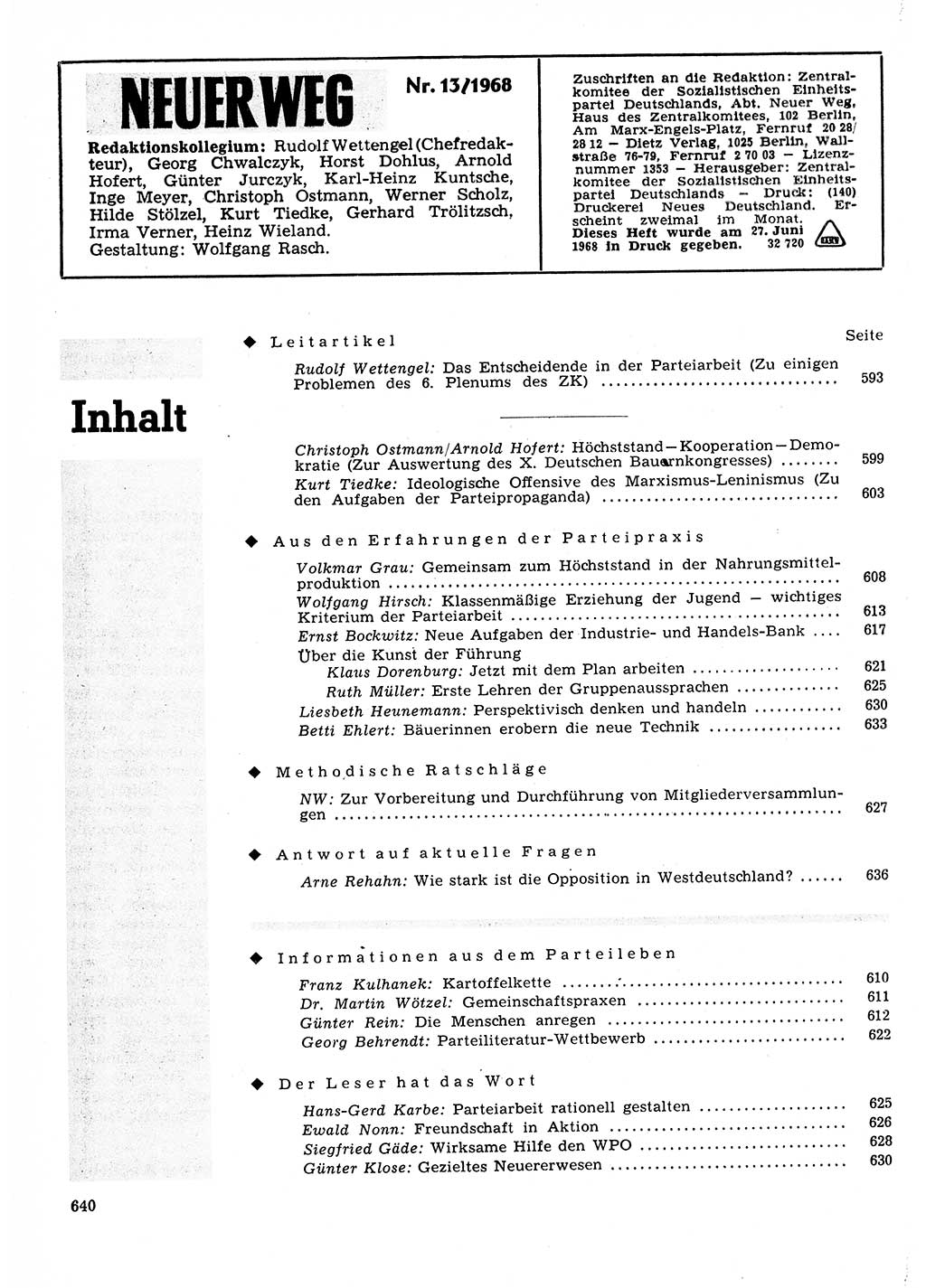 Neuer Weg (NW), Organ des Zentralkomitees (ZK) der SED (Sozialistische Einheitspartei Deutschlands) für Fragen des Parteilebens, 23. Jahrgang [Deutsche Demokratische Republik (DDR)] 1968, Seite 640 (NW ZK SED DDR 1968, S. 640)