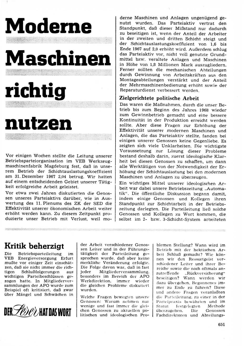 Neuer Weg (NW), Organ des Zentralkomitees (ZK) der SED (Sozialistische Einheitspartei Deutschlands) für Fragen des Parteilebens, 23. Jahrgang [Deutsche Demokratische Republik (DDR)] 1968, Seite 651 (NW ZK SED DDR 1968, S. 651)