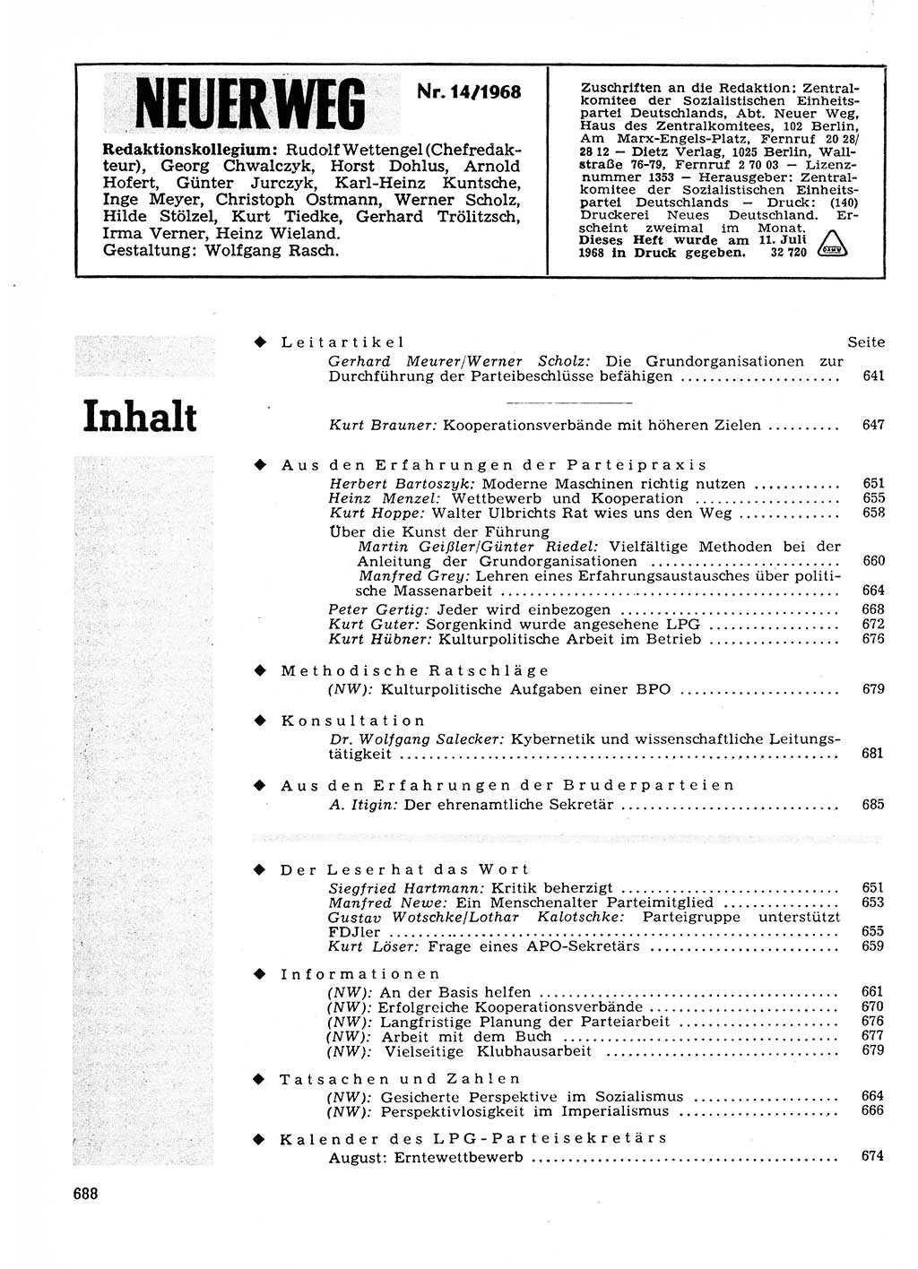 Neuer Weg (NW), Organ des Zentralkomitees (ZK) der SED (Sozialistische Einheitspartei Deutschlands) für Fragen des Parteilebens, 23. Jahrgang [Deutsche Demokratische Republik (DDR)] 1968, Seite 688 (NW ZK SED DDR 1968, S. 688)