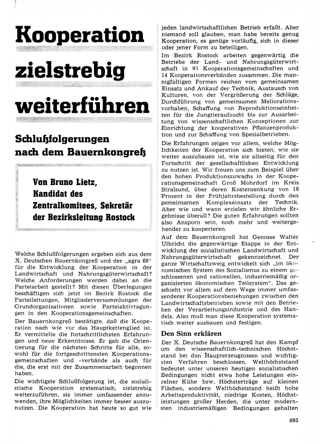 Neuer Weg (NW), Organ des Zentralkomitees (ZK) der SED (Sozialistische Einheitspartei Deutschlands) für Fragen des Parteilebens, 23. Jahrgang [Deutsche Demokratische Republik (DDR)] 1968, Seite 695 (NW ZK SED DDR 1968, S. 695)