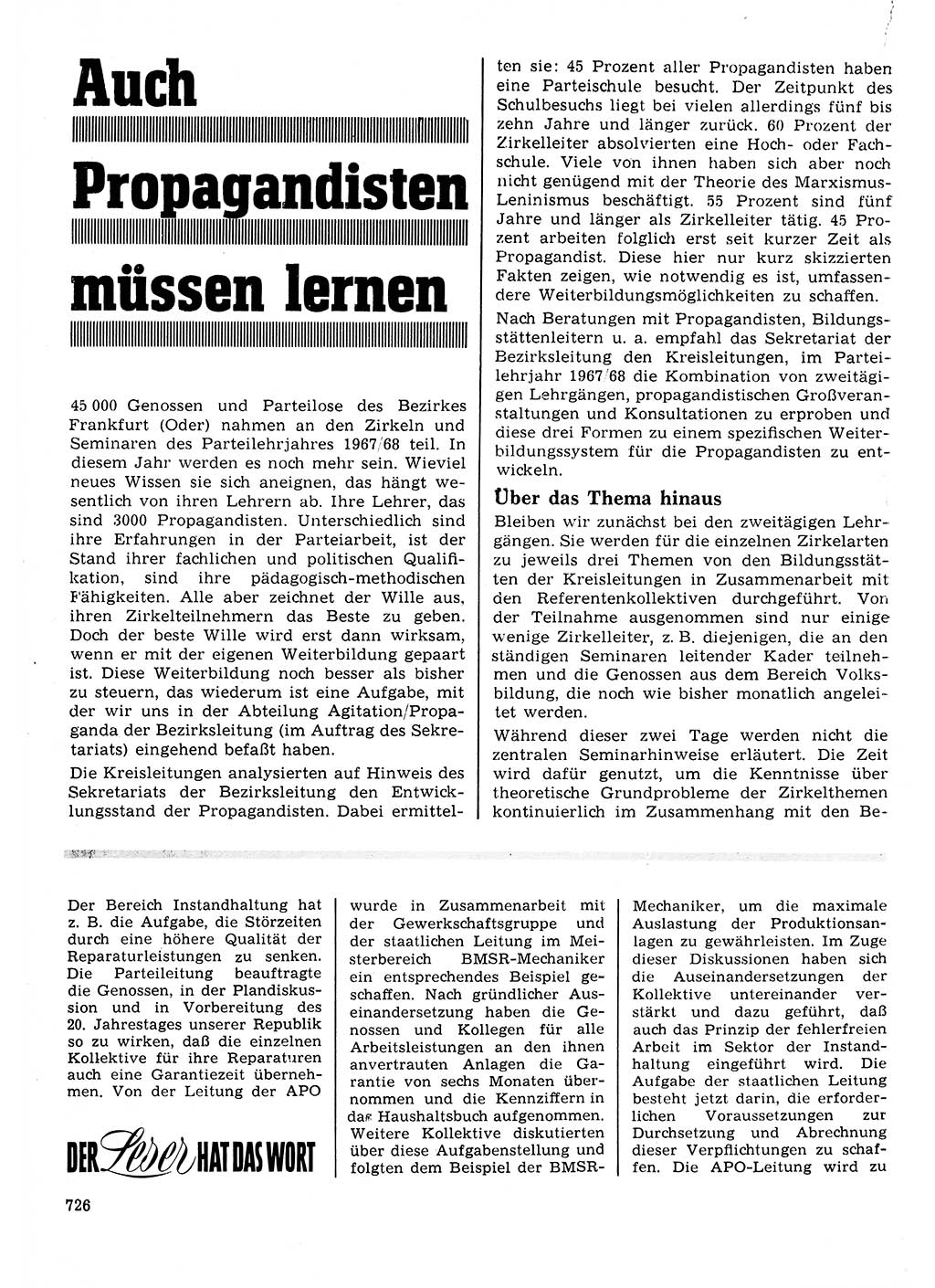 Neuer Weg (NW), Organ des Zentralkomitees (ZK) der SED (Sozialistische Einheitspartei Deutschlands) für Fragen des Parteilebens, 23. Jahrgang [Deutsche Demokratische Republik (DDR)] 1968, Seite 726 (NW ZK SED DDR 1968, S. 726)