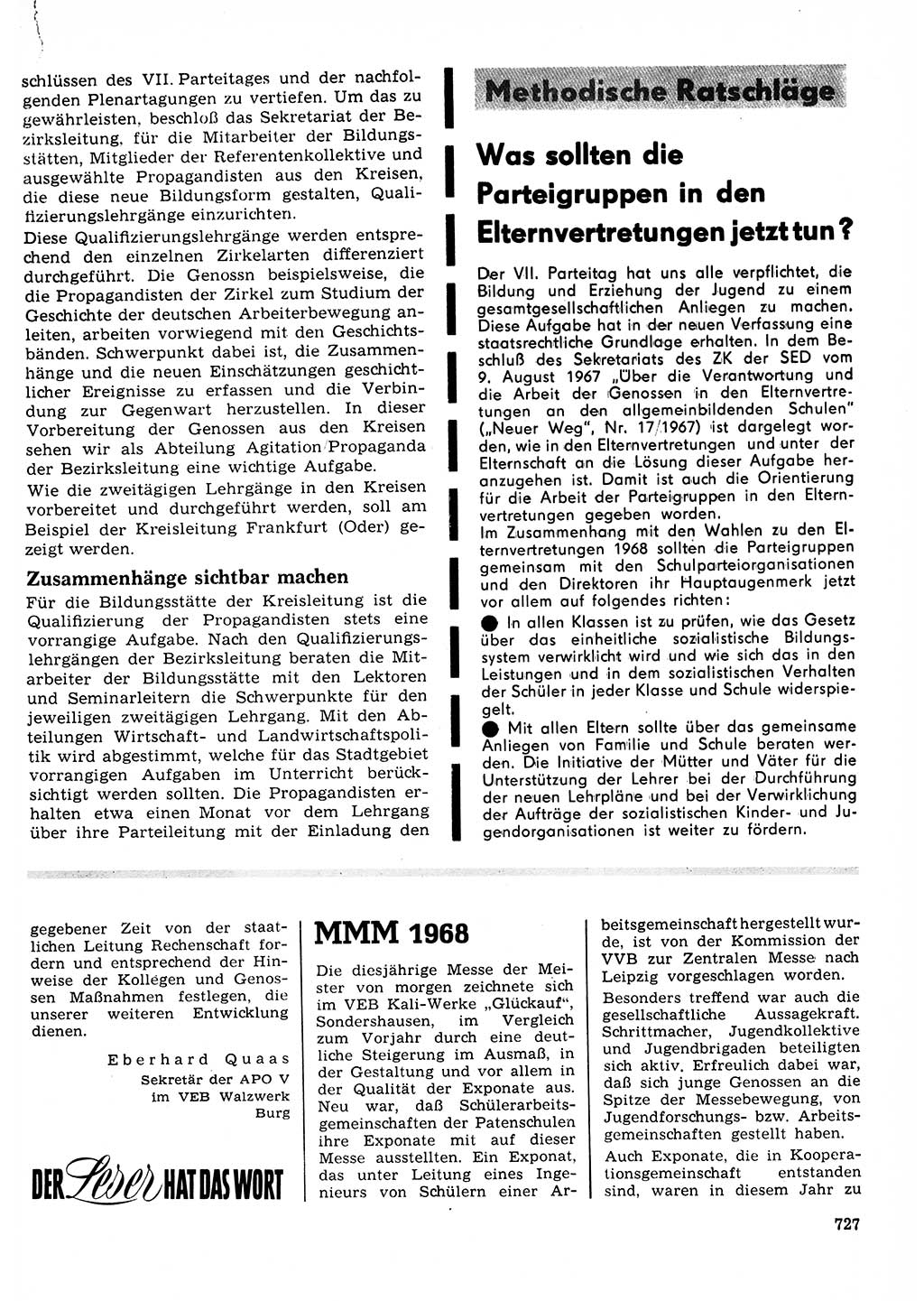 Neuer Weg (NW), Organ des Zentralkomitees (ZK) der SED (Sozialistische Einheitspartei Deutschlands) für Fragen des Parteilebens, 23. Jahrgang [Deutsche Demokratische Republik (DDR)] 1968, Seite 727 (NW ZK SED DDR 1968, S. 727)