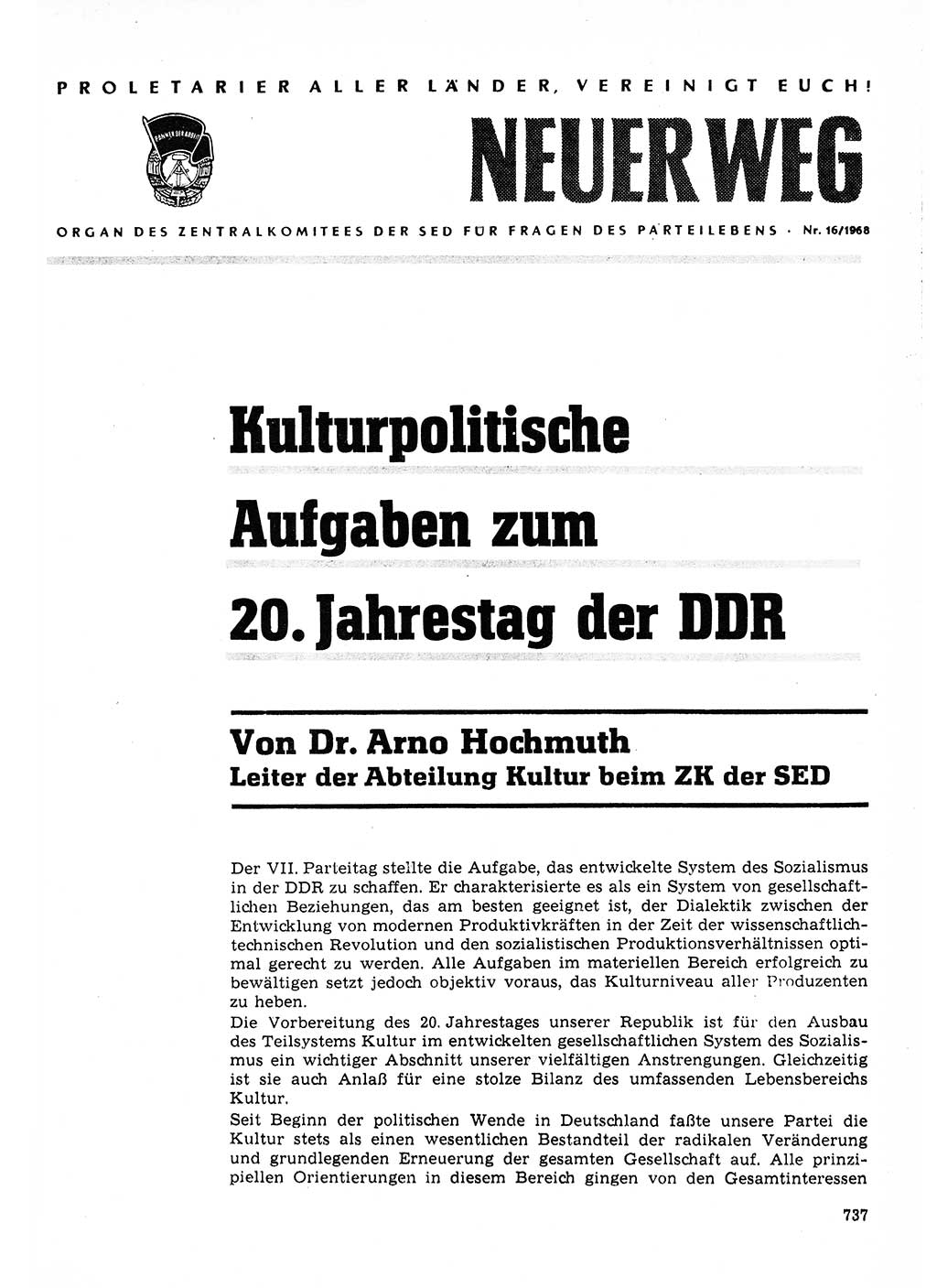 Neuer Weg (NW), Organ des Zentralkomitees (ZK) der SED (Sozialistische Einheitspartei Deutschlands) für Fragen des Parteilebens, 23. Jahrgang [Deutsche Demokratische Republik (DDR)] 1968, Seite 737 (NW ZK SED DDR 1968, S. 737)