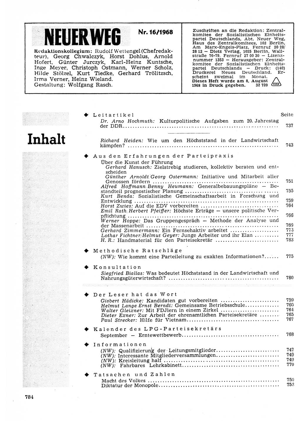 Neuer Weg (NW), Organ des Zentralkomitees (ZK) der SED (Sozialistische Einheitspartei Deutschlands) für Fragen des Parteilebens, 23. Jahrgang [Deutsche Demokratische Republik (DDR)] 1968, Seite 768 (NW ZK SED DDR 1968, S. 768)