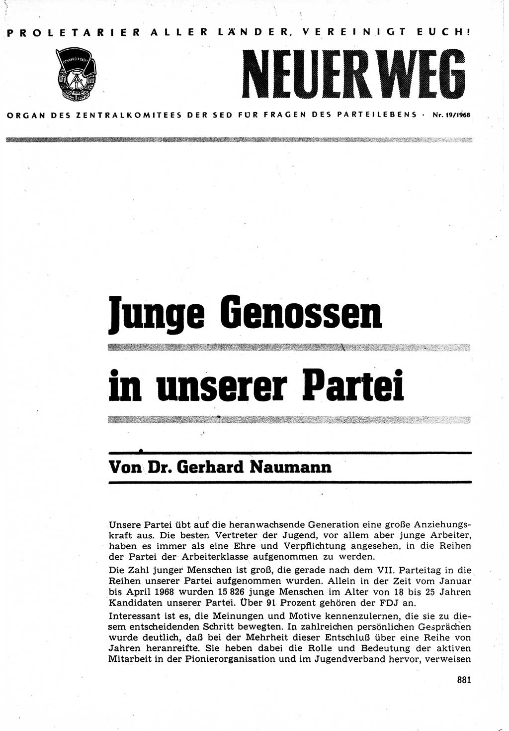 Neuer Weg (NW), Organ des Zentralkomitees (ZK) der SED (Sozialistische Einheitspartei Deutschlands) für Fragen des Parteilebens, 23. Jahrgang [Deutsche Demokratische Republik (DDR)] 1968, Seite 865 (NW ZK SED DDR 1968, S. 865)