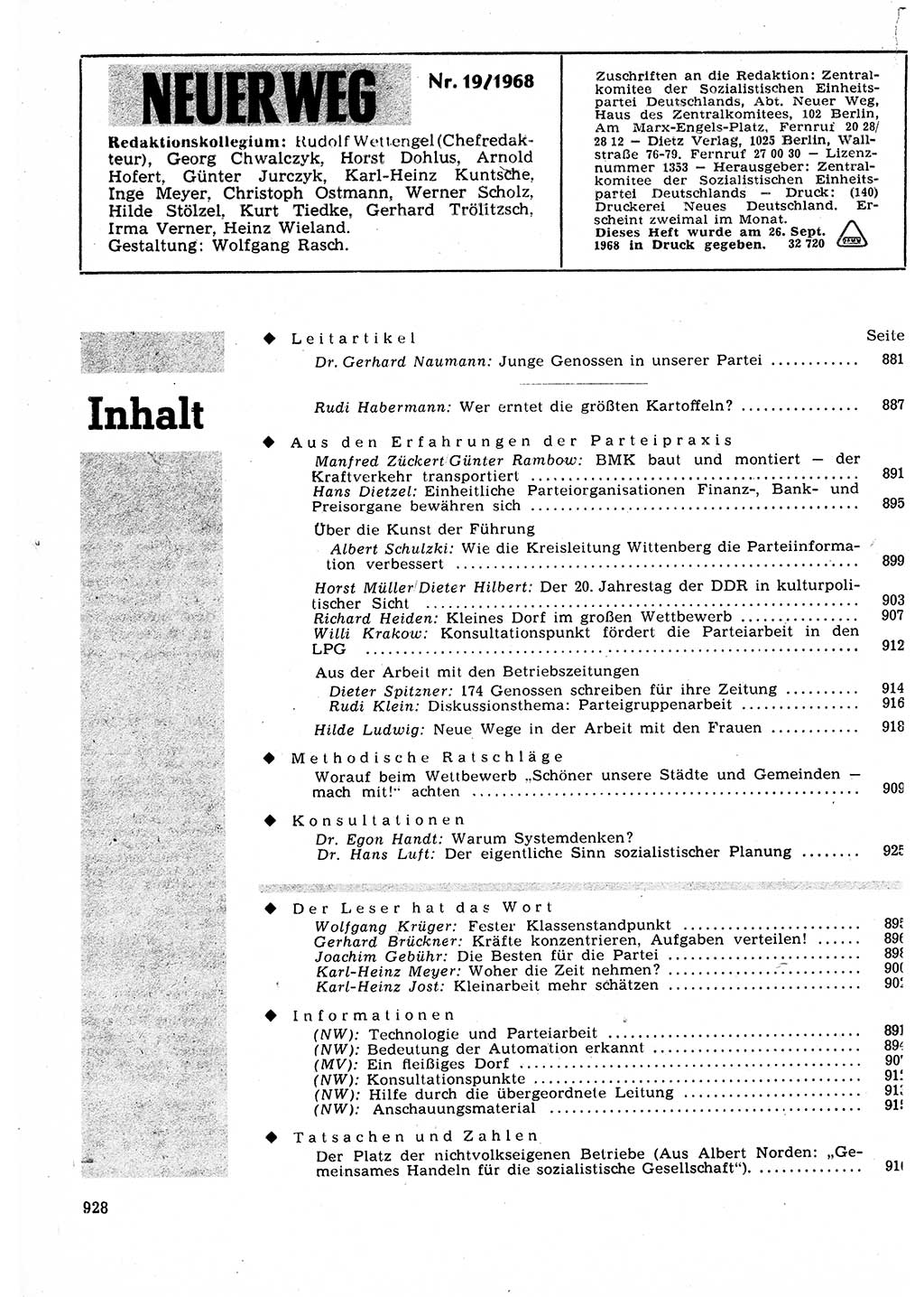 Neuer Weg (NW), Organ des Zentralkomitees (ZK) der SED (Sozialistische Einheitspartei Deutschlands) für Fragen des Parteilebens, 23. Jahrgang [Deutsche Demokratische Republik (DDR)] 1968, Seite 912 (NW ZK SED DDR 1968, S. 912)