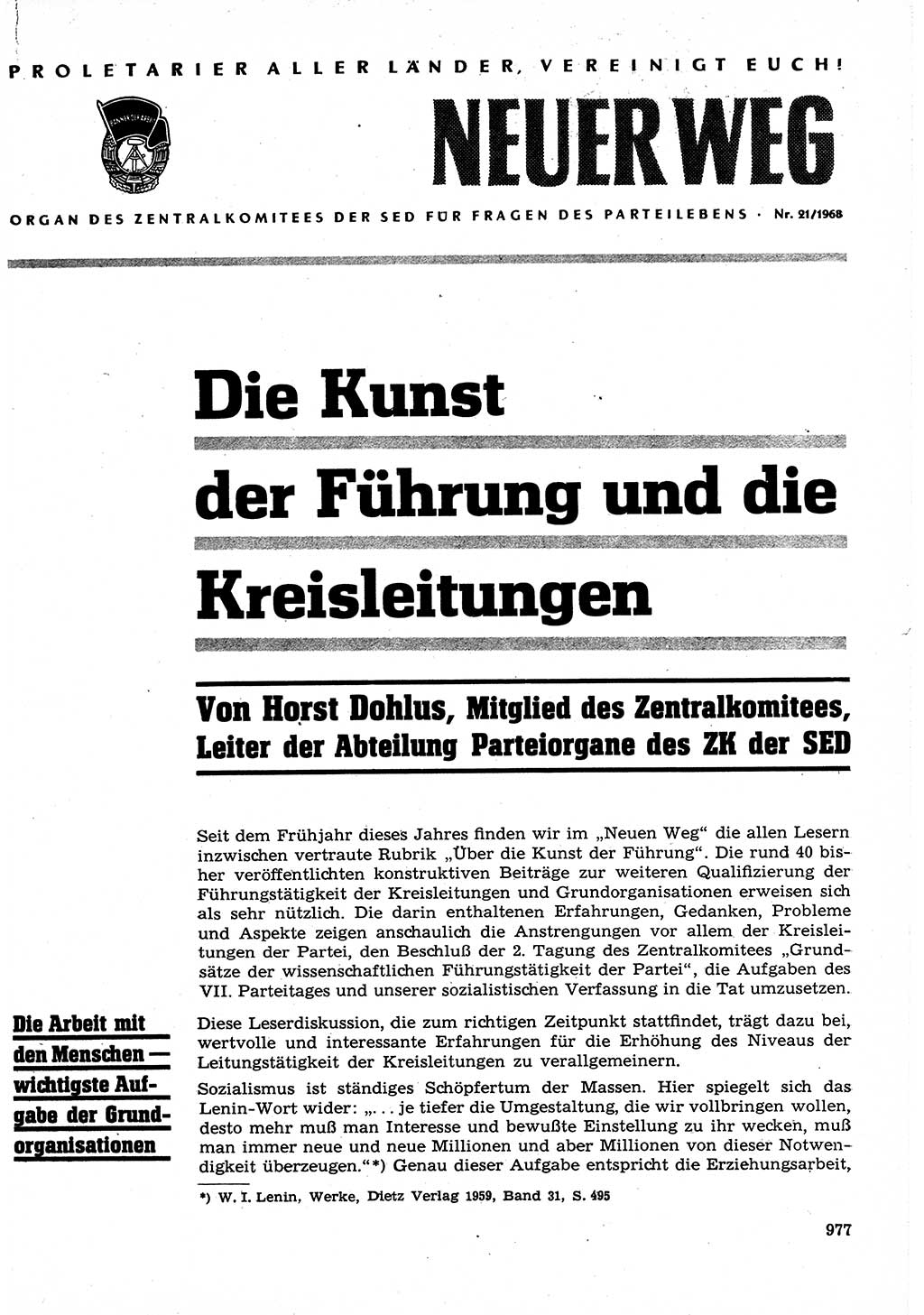 Neuer Weg (NW), Organ des Zentralkomitees (ZK) der SED (Sozialistische Einheitspartei Deutschlands) für Fragen des Parteilebens, 23. Jahrgang [Deutsche Demokratische Republik (DDR)] 1968, Seite 961 (NW ZK SED DDR 1968, S. 961)