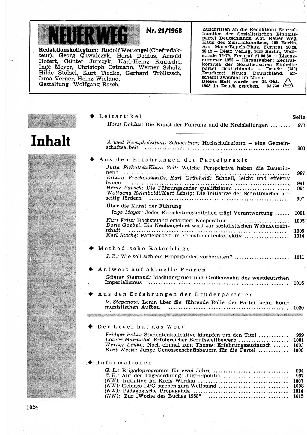 Neuer Weg (NW), Organ des Zentralkomitees (ZK) der SED (Sozialistische Einheitspartei Deutschlands) für Fragen des Parteilebens, 23. Jahrgang [Deutsche Demokratische Republik (DDR)] 1968, Seite 1008 (NW ZK SED DDR 1968, S. 1008)