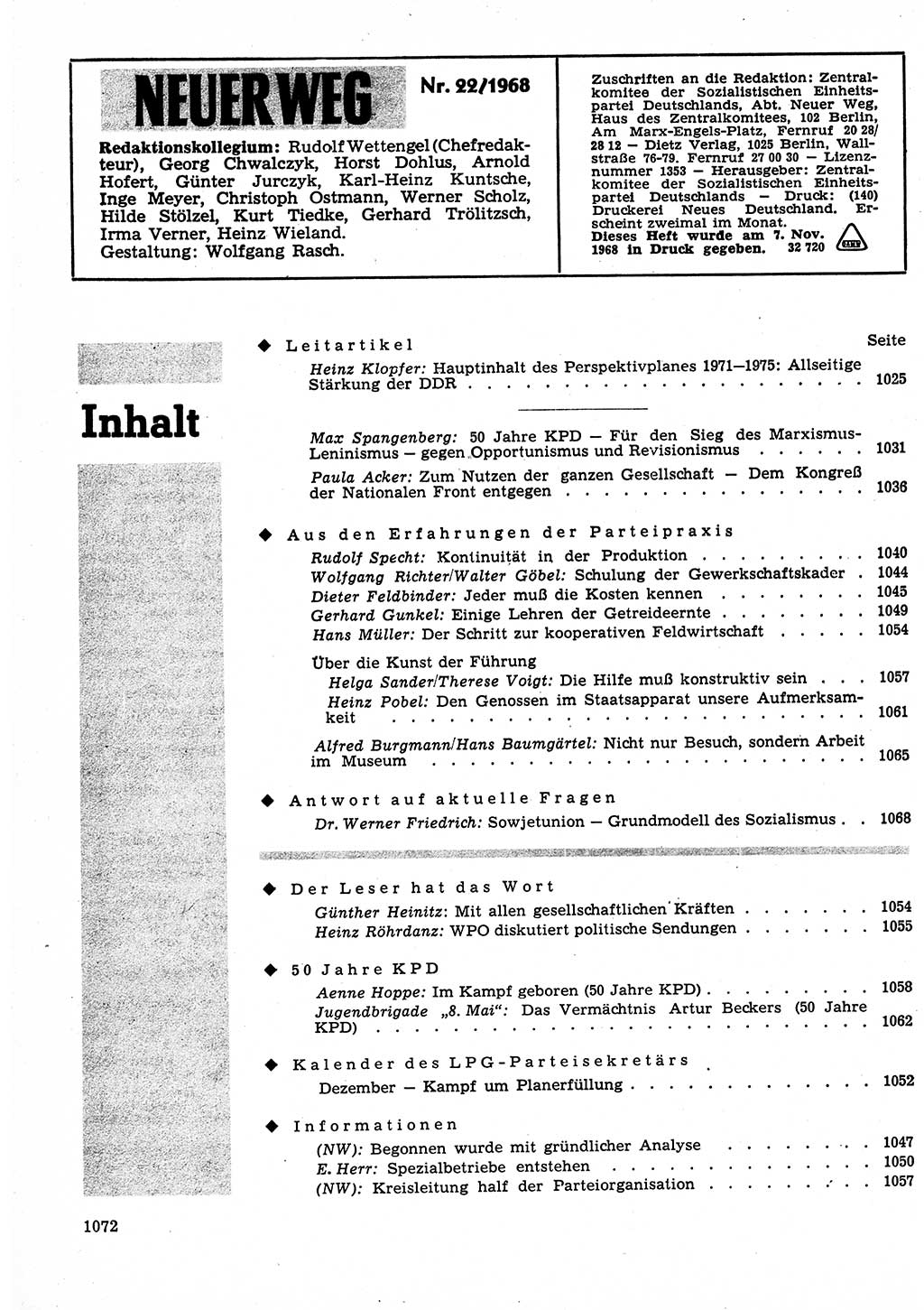 Neuer Weg (NW), Organ des Zentralkomitees (ZK) der SED (Sozialistische Einheitspartei Deutschlands) für Fragen des Parteilebens, 23. Jahrgang [Deutsche Demokratische Republik (DDR)] 1968, Seite 1056 (NW ZK SED DDR 1968, S. 1056)