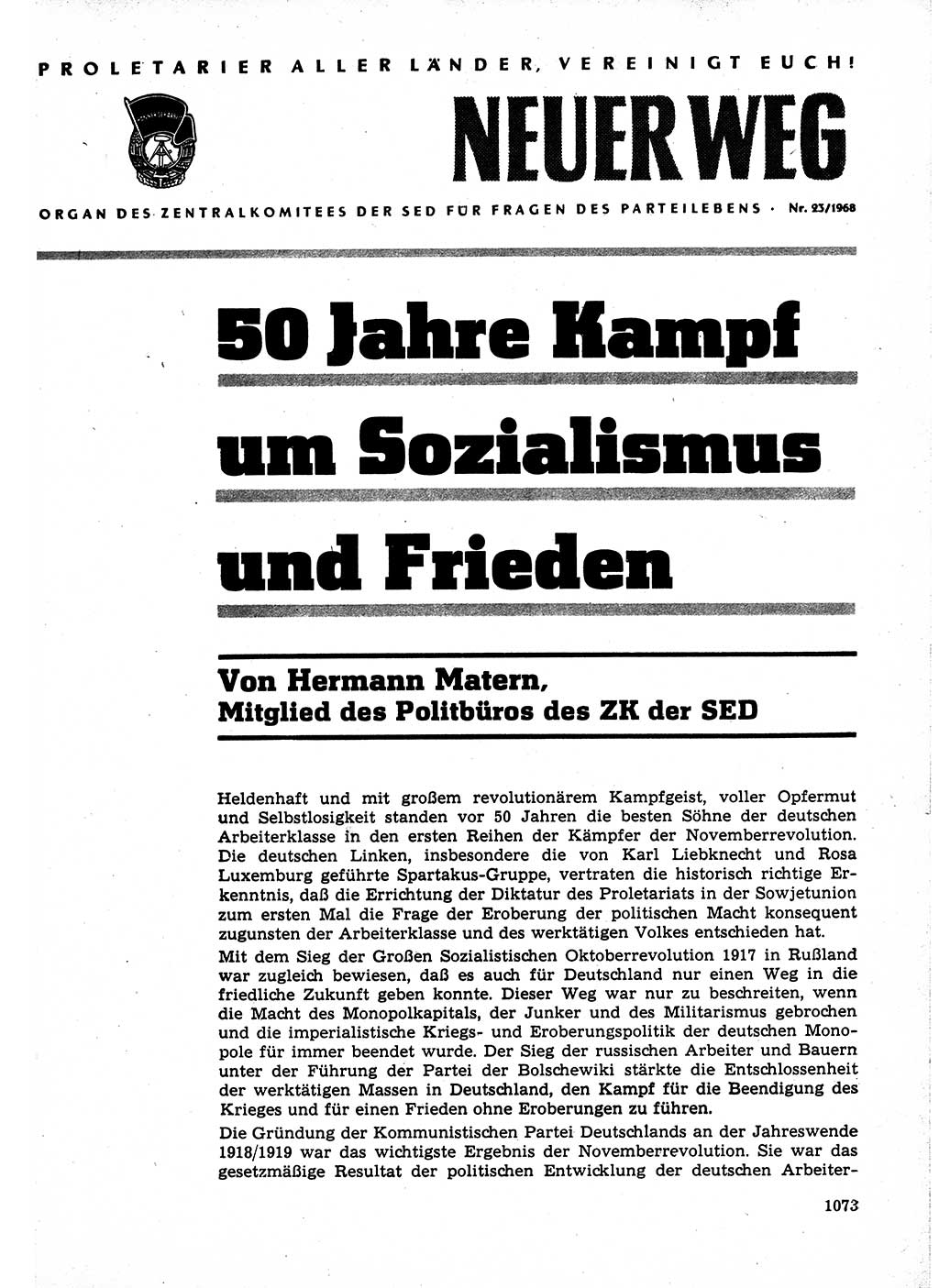 Neuer Weg (NW), Organ des Zentralkomitees (ZK) der SED (Sozialistische Einheitspartei Deutschlands) für Fragen des Parteilebens, 23. Jahrgang [Deutsche Demokratische Republik (DDR)] 1968, Seite 1057 (NW ZK SED DDR 1968, S. 1057)