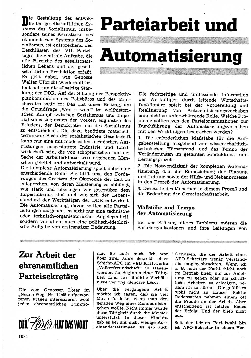 Neuer Weg (NW), Organ des Zentralkomitees (ZK) der SED (Sozialistische Einheitspartei Deutschlands) für Fragen des Parteilebens, 23. Jahrgang [Deutsche Demokratische Republik (DDR)] 1968, Seite 1068 (NW ZK SED DDR 1968, S. 1068)