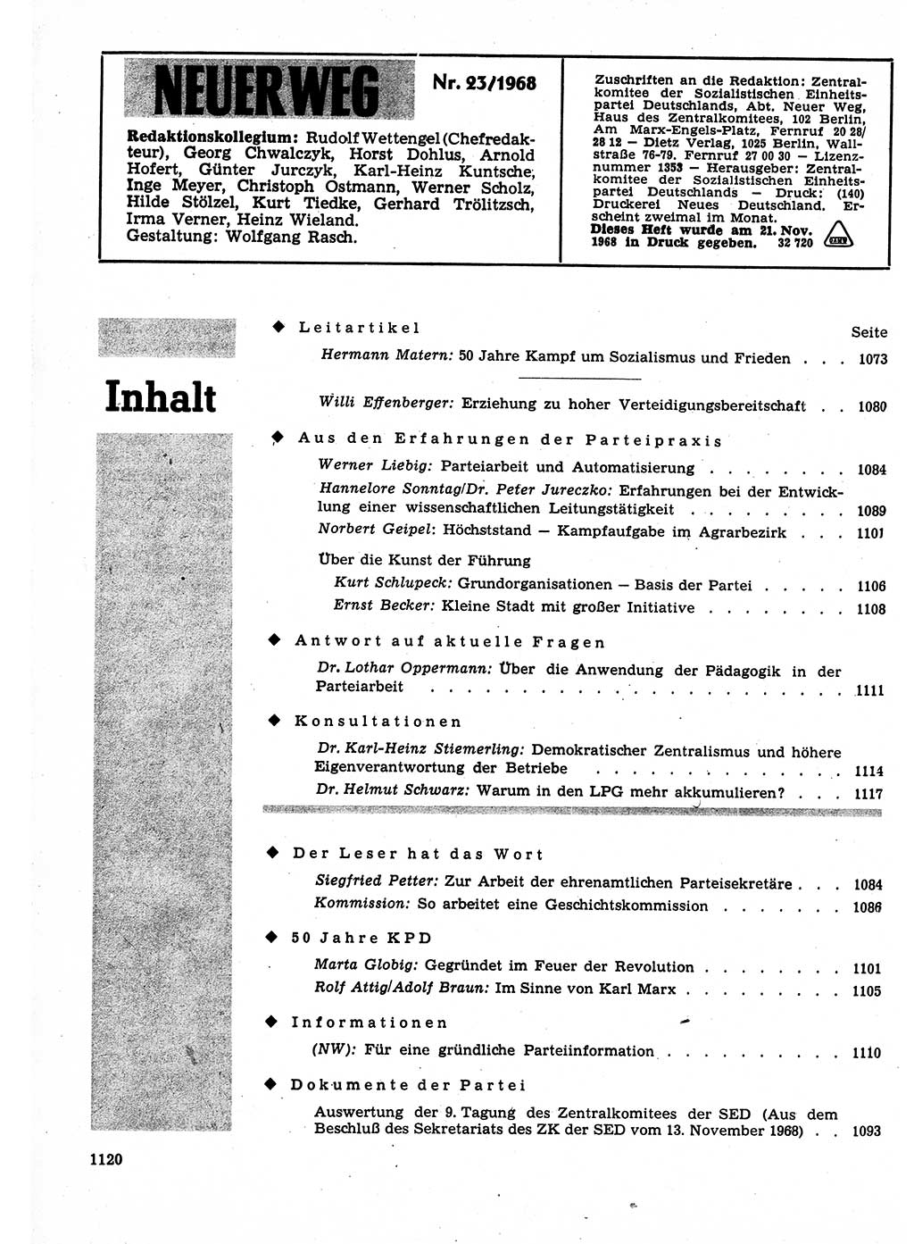 Neuer Weg (NW), Organ des Zentralkomitees (ZK) der SED (Sozialistische Einheitspartei Deutschlands) für Fragen des Parteilebens, 23. Jahrgang [Deutsche Demokratische Republik (DDR)] 1968, Seite 1104 (NW ZK SED DDR 1968, S. 1104)
