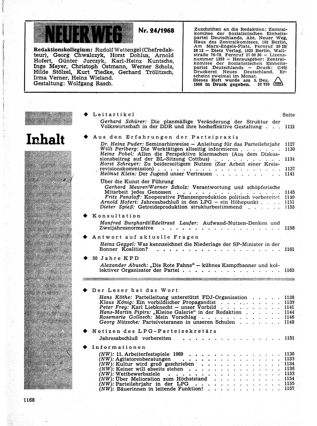 Neuer Weg (NW), Organ des Zentralkomitees (ZK) der SED (Sozialistische Einheitspartei Deutschlands) für Fragen des Parteilebens, 23. Jahrgang [Deutsche Demokratische Republik (DDR)] 1968, Seite 1152 (NW ZK SED DDR 1968, S. 1152)