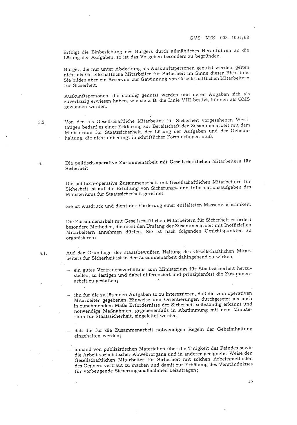 Richtlinie 1/68 für die Zusammenarbeit mit Gesellschaftlichen Mitarbeitern für Sicherheit und Inoffiziellen Mitarbeitern im Gesamtsystem der Sicherung der Deutschen Demokratischen Republik (DDR), Ministerium für Staatssicherheit (MfS), Der Minister (Mielke), Geheime Verschlußsache (GVS) 008-1001/68, Berlin 1968, Seite 15 (RL 1/68 DDR MfS Min. GVS 008-1001/68 1968, S. 15)