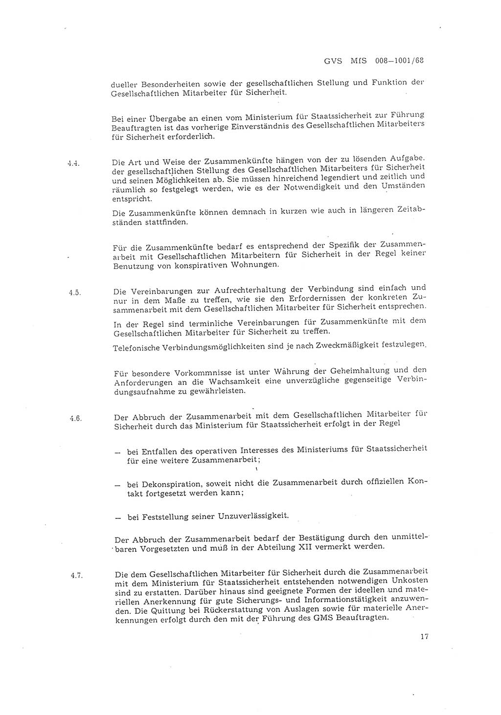 Richtlinie 1/68 für die Zusammenarbeit mit Gesellschaftlichen Mitarbeitern für Sicherheit und Inoffiziellen Mitarbeitern im Gesamtsystem der Sicherung der Deutschen Demokratischen Republik (DDR), Ministerium für Staatssicherheit (MfS), Der Minister (Mielke), Geheime Verschlußsache (GVS) 008-1001/68, Berlin 1968, Seite 17 (RL 1/68 DDR MfS Min. GVS 008-1001/68 1968, S. 17)