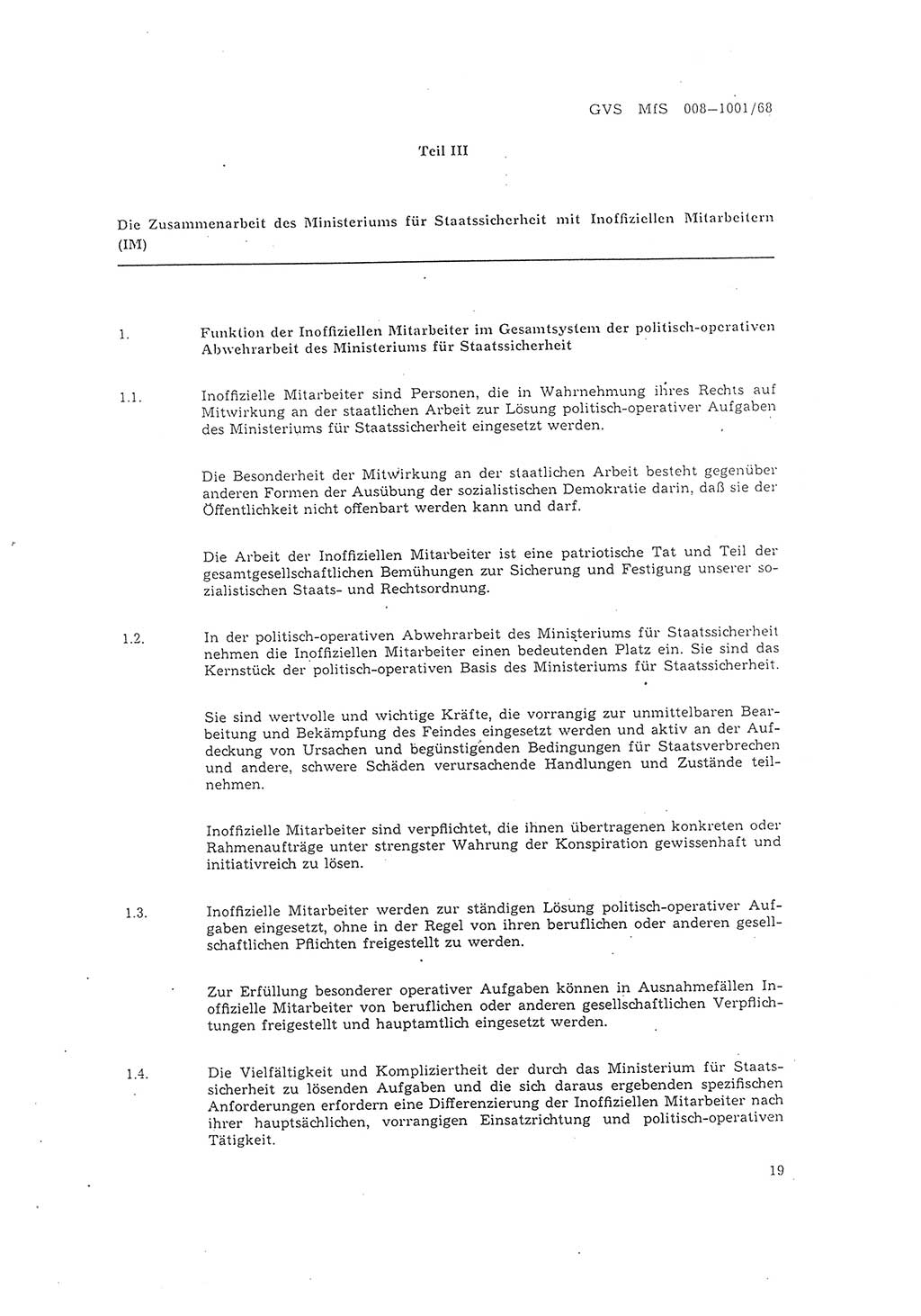 Richtlinie 1/68 für die Zusammenarbeit mit Gesellschaftlichen Mitarbeitern für Sicherheit und Inoffiziellen Mitarbeitern im Gesamtsystem der Sicherung der Deutschen Demokratischen Republik (DDR), Ministerium für Staatssicherheit (MfS), Der Minister (Mielke), Geheime Verschlußsache (GVS) 008-1001/68, Berlin 1968, Seite 19 (RL 1/68 DDR MfS Min. GVS 008-1001/68 1968, S. 19)