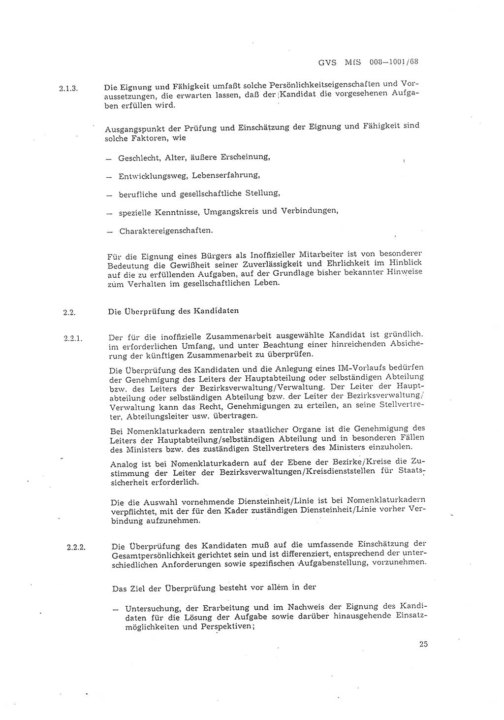 Richtlinie 1/68 für die Zusammenarbeit mit Gesellschaftlichen Mitarbeitern für Sicherheit und Inoffiziellen Mitarbeitern im Gesamtsystem der Sicherung der Deutschen Demokratischen Republik (DDR), Ministerium für Staatssicherheit (MfS), Der Minister (Mielke), Geheime Verschlußsache (GVS) 008-1001/68, Berlin 1968, Seite 25 (RL 1/68 DDR MfS Min. GVS 008-1001/68 1968, S. 25)