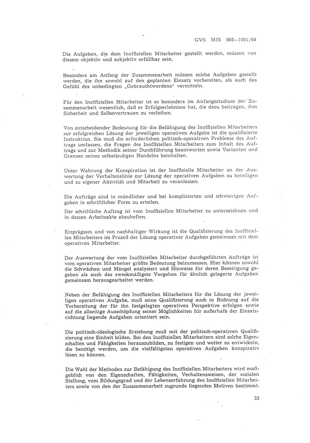 Richtlinie 1/68 für die Zusammenarbeit mit Gesellschaftlichen Mitarbeitern für Sicherheit und Inoffiziellen Mitarbeitern im Gesamtsystem der Sicherung der Deutschen Demokratischen Republik (DDR), Ministerium für Staatssicherheit (MfS), Der Minister (Mielke), Geheime Verschlußsache (GVS) 008-1001/68, Berlin 1968, Seite 33 (RL 1/68 DDR MfS Min. GVS 008-1001/68 1968, S. 33)