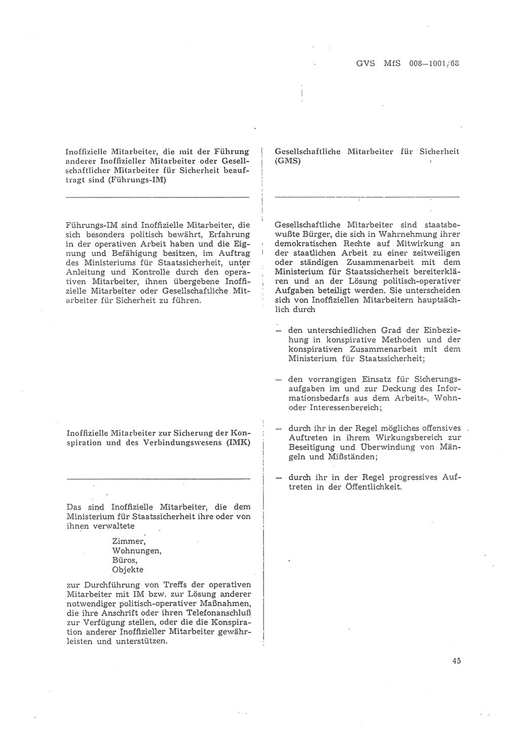 Richtlinie 1/68 für die Zusammenarbeit mit Gesellschaftlichen Mitarbeitern für Sicherheit und Inoffiziellen Mitarbeitern im Gesamtsystem der Sicherung der Deutschen Demokratischen Republik (DDR), Ministerium für Staatssicherheit (MfS), Der Minister (Mielke), Geheime Verschlußsache (GVS) 008-1001/68, Berlin 1968, Seite 45 (RL 1/68 DDR MfS Min. GVS 008-1001/68 1968, S. 45)