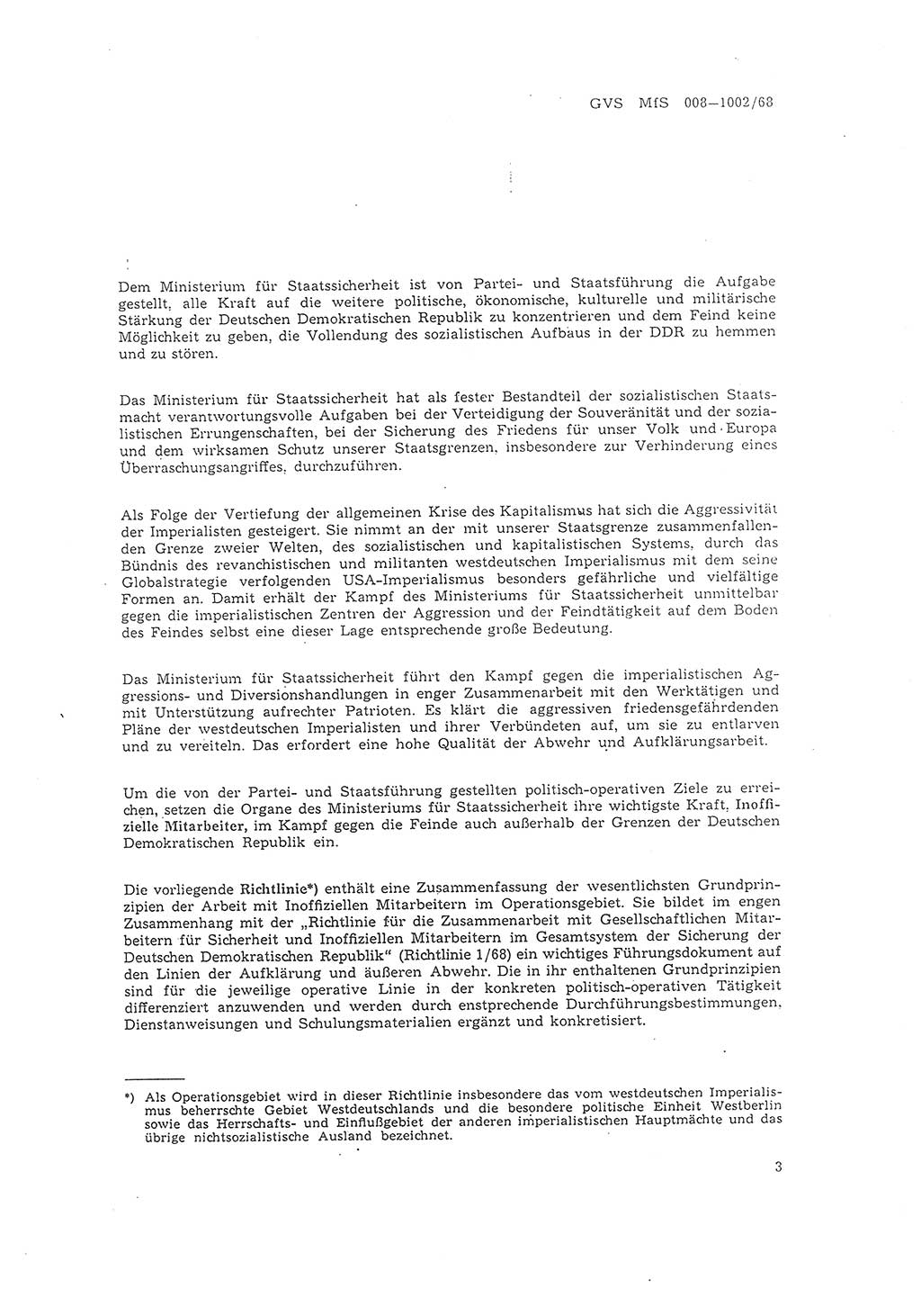 Richtlinie 2/68 für die Arbeit mit Inoffiziellen Mitarbeitern (IM) im Operationsgebiet, Deutsche Demokratische Republik (DDR), Ministerium für Staatssicherheit (MfS), Der Minister (Mielke), Geheime Verschlußsache (GVS) 008-1002/68, Berlin 1968, Seite 3 (RL 2/68 DDR MfS Min. GVS 008-1002/68 1968, S. 3)