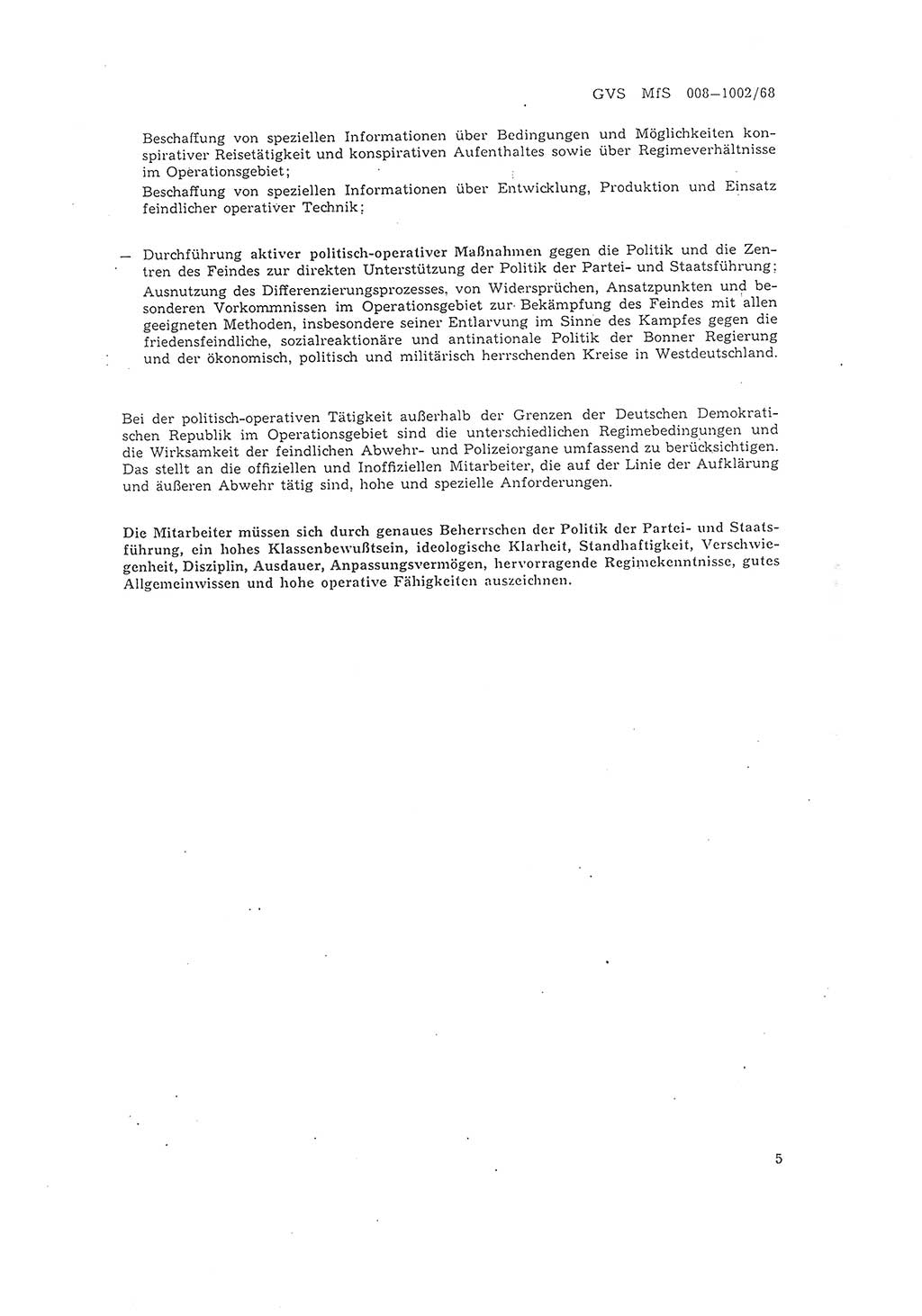 Richtlinie 2/68 für die Arbeit mit Inoffiziellen Mitarbeitern (IM) im Operationsgebiet, Deutsche Demokratische Republik (DDR), Ministerium für Staatssicherheit (MfS), Der Minister (Mielke), Geheime Verschlußsache (GVS) 008-1002/68, Berlin 1968, Seite 5 (RL 2/68 DDR MfS Min. GVS 008-1002/68 1968, S. 5)