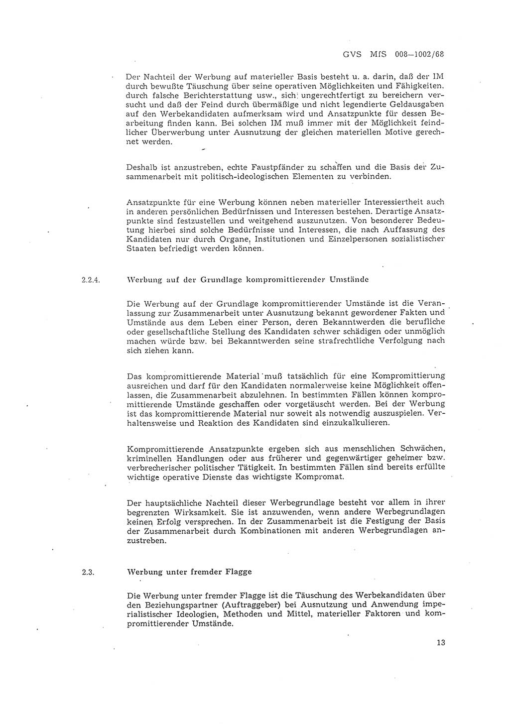 Richtlinie 2/68 für die Arbeit mit Inoffiziellen Mitarbeitern (IM) im Operationsgebiet, Deutsche Demokratische Republik (DDR), Ministerium für Staatssicherheit (MfS), Der Minister (Mielke), Geheime Verschlußsache (GVS) 008-1002/68, Berlin 1968, Seite 13 (RL 2/68 DDR MfS Min. GVS 008-1002/68 1968, S. 13)