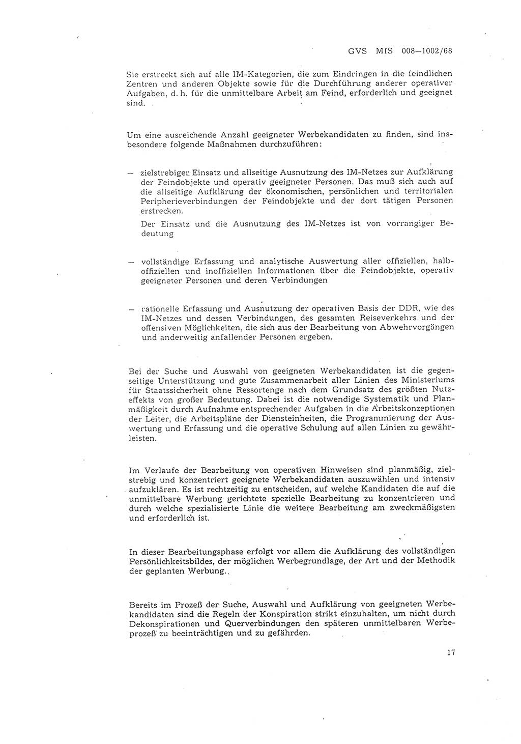 Richtlinie 2/68 für die Arbeit mit Inoffiziellen Mitarbeitern (IM) im Operationsgebiet, Deutsche Demokratische Republik (DDR), Ministerium für Staatssicherheit (MfS), Der Minister (Mielke), Geheime Verschlußsache (GVS) 008-1002/68, Berlin 1968, Seite 17 (RL 2/68 DDR MfS Min. GVS 008-1002/68 1968, S. 17)