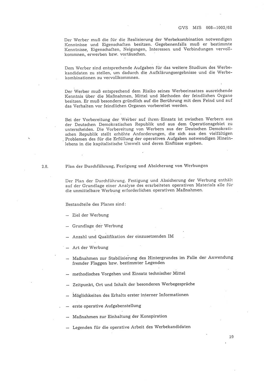 Richtlinie 2/68 für die Arbeit mit Inoffiziellen Mitarbeitern (IM) im Operationsgebiet, Deutsche Demokratische Republik (DDR), Ministerium für Staatssicherheit (MfS), Der Minister (Mielke), Geheime Verschlußsache (GVS) 008-1002/68, Berlin 1968, Seite 19 (RL 2/68 DDR MfS Min. GVS 008-1002/68 1968, S. 19)