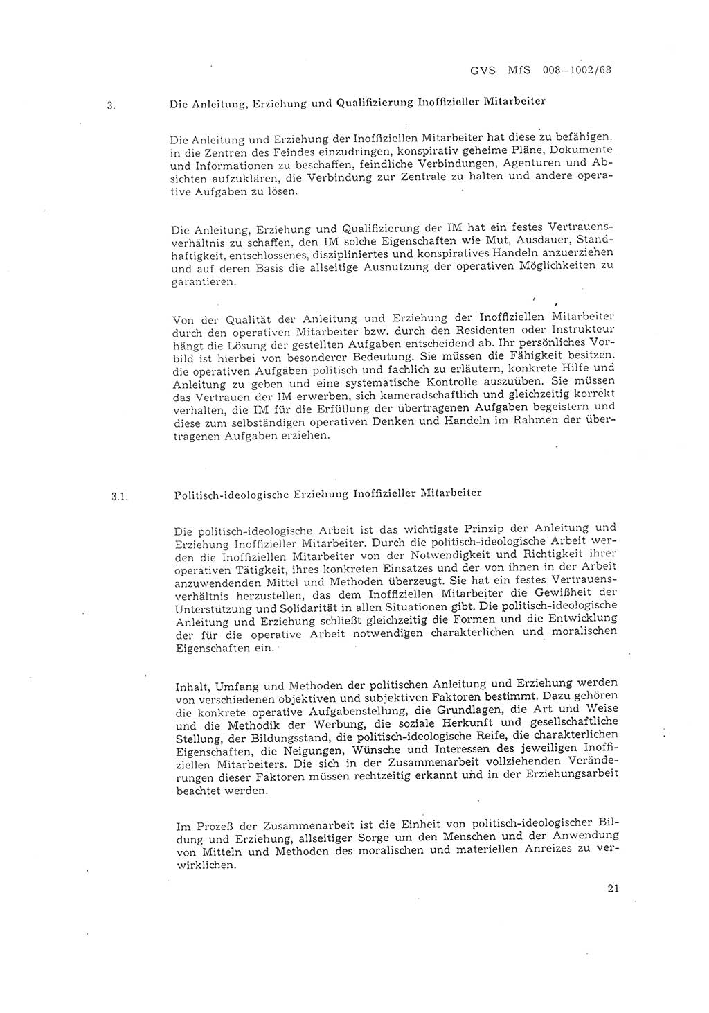 Richtlinie 2/68 für die Arbeit mit Inoffiziellen Mitarbeitern (IM) im Operationsgebiet, Deutsche Demokratische Republik (DDR), Ministerium für Staatssicherheit (MfS), Der Minister (Mielke), Geheime Verschlußsache (GVS) 008-1002/68, Berlin 1968, Seite 21 (RL 2/68 DDR MfS Min. GVS 008-1002/68 1968, S. 21)