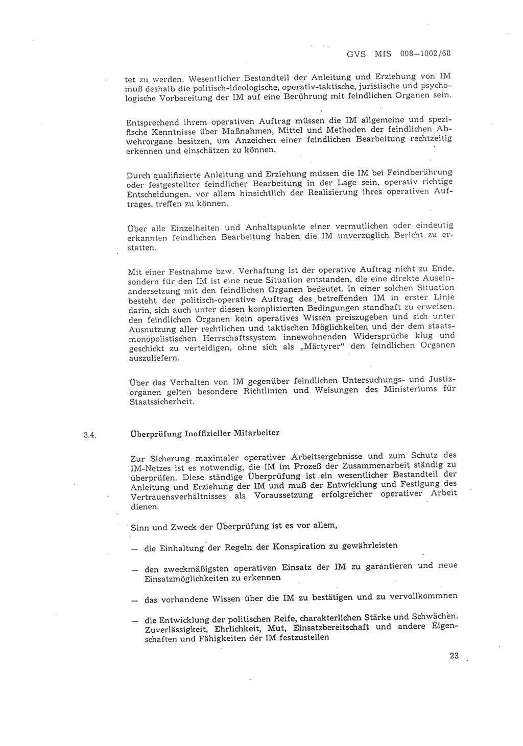 Richtlinie 2/68 für die Arbeit mit Inoffiziellen Mitarbeitern (IM) im Operationsgebiet, Deutsche Demokratische Republik (DDR), Ministerium für Staatssicherheit (MfS), Der Minister (Mielke), Geheime Verschlußsache (GVS) 008-1002/68, Berlin 1968, Seite 23 (RL 2/68 DDR MfS Min. GVS 008-1002/68 1968, S. 23)