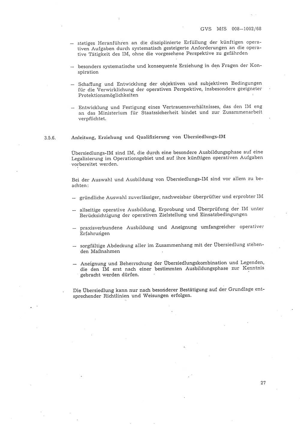 Richtlinie 2/68 für die Arbeit mit Inoffiziellen Mitarbeitern (IM) im Operationsgebiet, Deutsche Demokratische Republik (DDR), Ministerium für Staatssicherheit (MfS), Der Minister (Mielke), Geheime Verschlußsache (GVS) 008-1002/68, Berlin 1968, Seite 27 (RL 2/68 DDR MfS Min. GVS 008-1002/68 1968, S. 27)