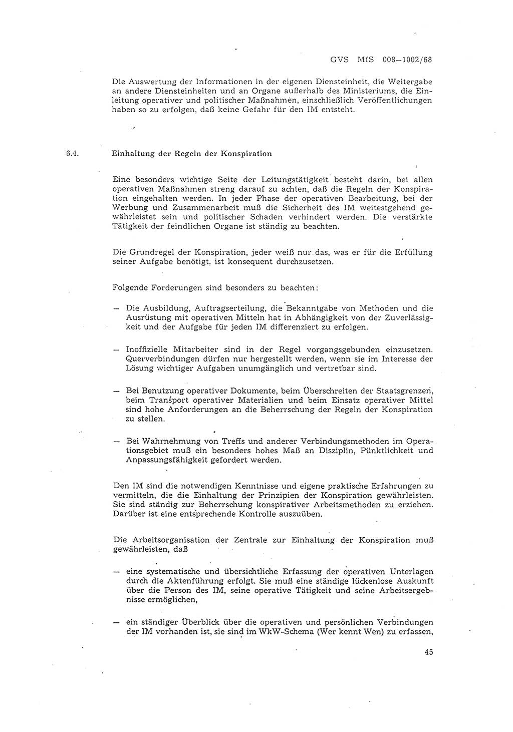 Richtlinie 2/68 für die Arbeit mit Inoffiziellen Mitarbeitern (IM) im Operationsgebiet, Deutsche Demokratische Republik (DDR), Ministerium für Staatssicherheit (MfS), Der Minister (Mielke), Geheime Verschlußsache (GVS) 008-1002/68, Berlin 1968, Seite 45 (RL 2/68 DDR MfS Min. GVS 008-1002/68 1968, S. 45)