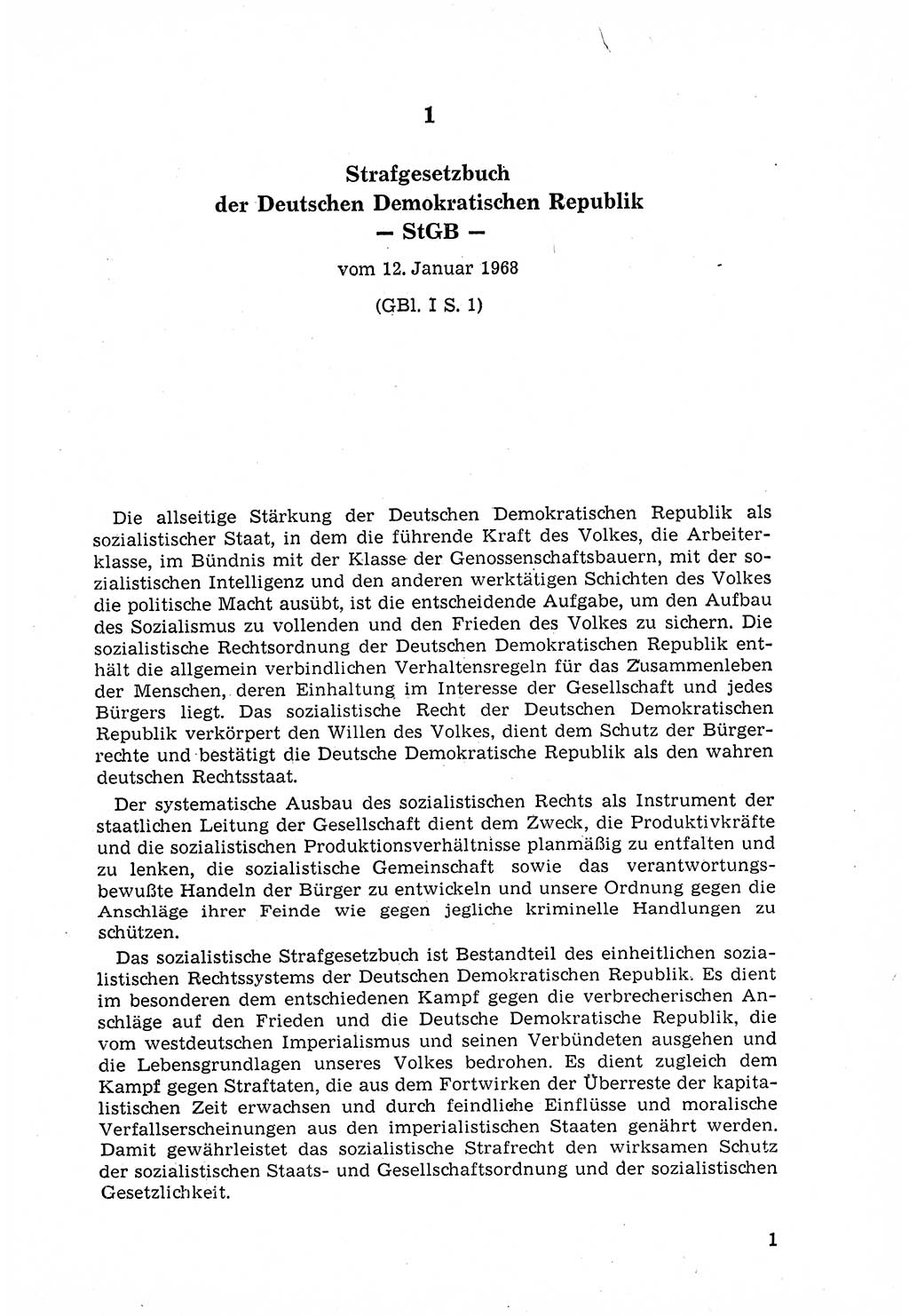 Strafgesetzbuch (StGB) der Deutschen Demokratischen Republik (DDR) 1968, Seite 1 (StGB DDR 1968, S. 1)