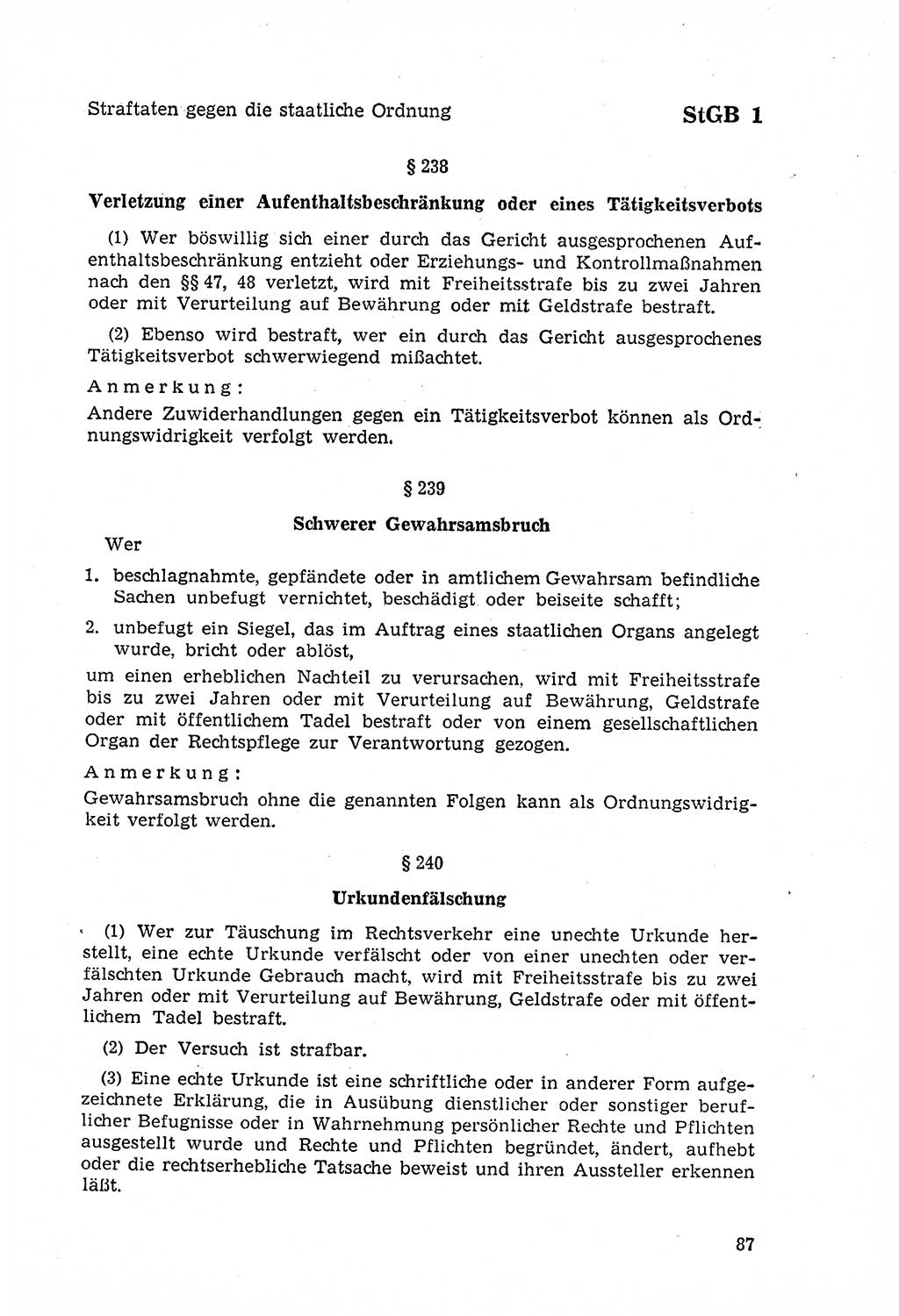 Strafgesetzbuch (StGB) der Deutschen Demokratischen Republik (DDR) 1968, Seite 87 (StGB DDR 1968, S. 87)