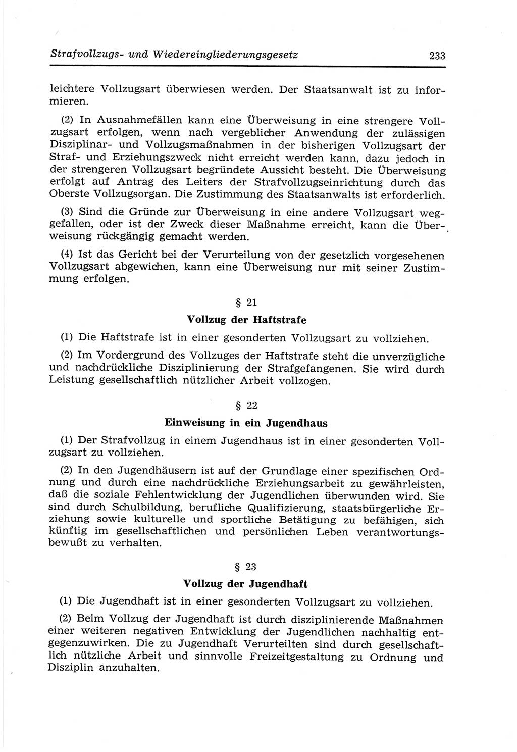 Strafvollzugs- und Wiedereingliederungsgesetz (SVWG) der Deutschen Demokratischen Republik (DDR) 1968, Seite 233 (SVWG DDR 1968, S. 233)