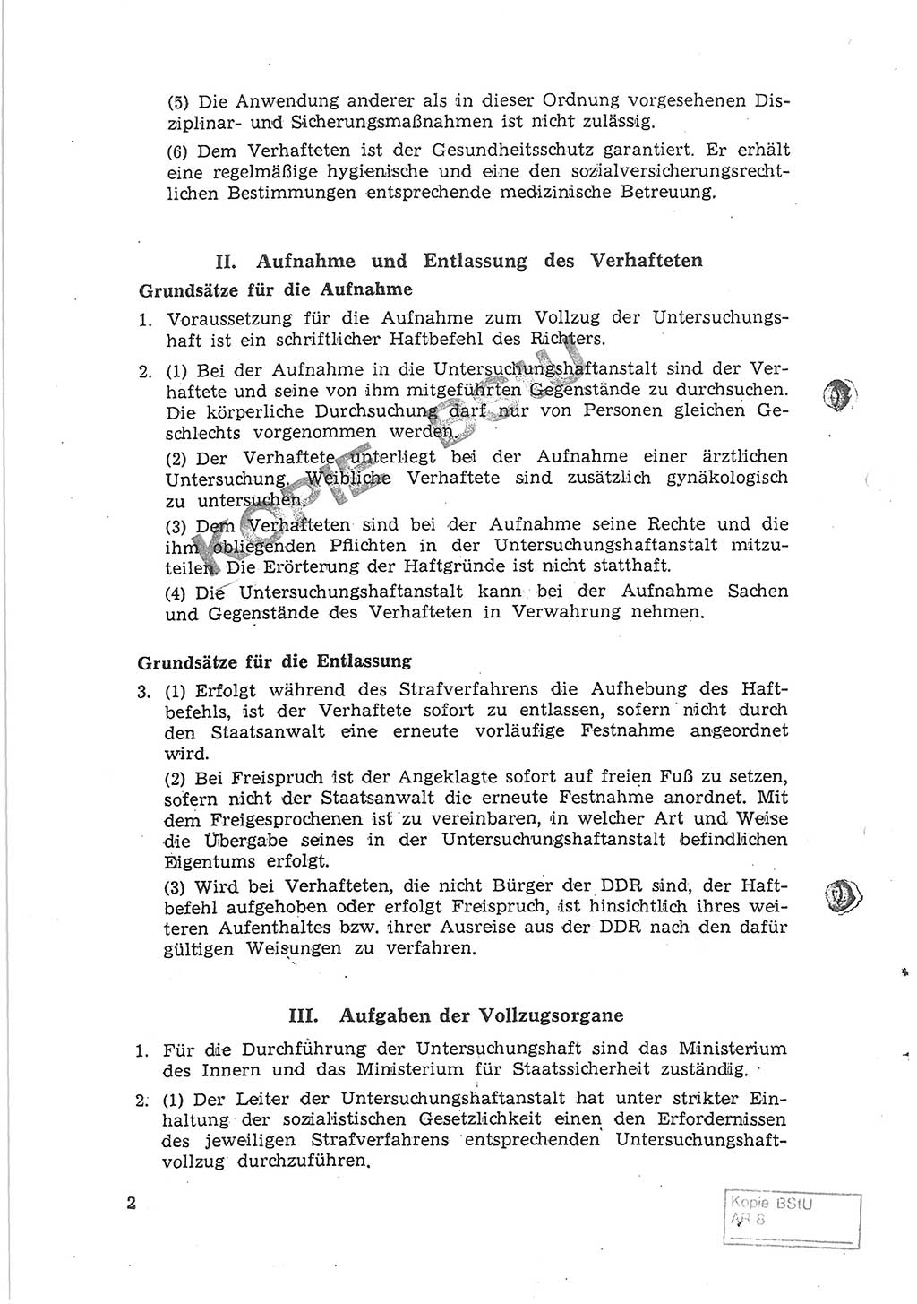 Gemeinsame Anweisung über die Durchführung der Untersuchungshaft (Untersuchungshaftvollzugsordnung) - UHVO - vom 8. November 1968 [Deutsche Demokratische Republik (DDR)], Der Generalstaatsanwalt der Deutschen Demokratischen Republik, Der Minister für Staatssicherheit, Der Minister des Innern und Chef der Deutschen Volkspolizei, 8.11.1968, Seite 2 (UHVO DDR /68 1968, S. 2)