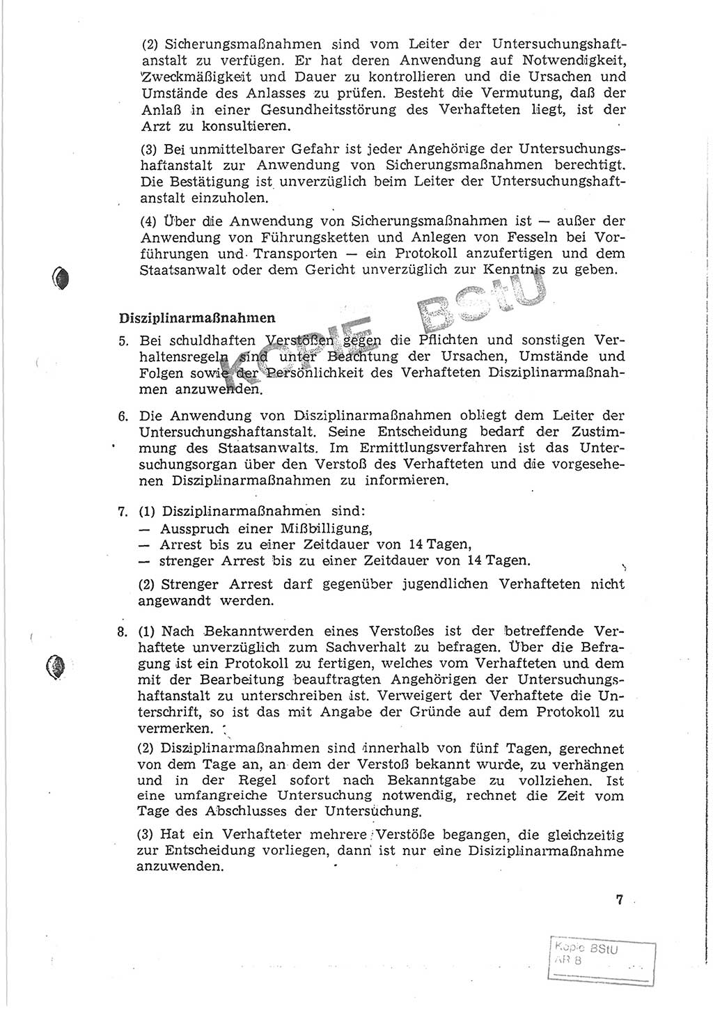 Gemeinsame Anweisung über die Durchführung der Untersuchungshaft (Untersuchungshaftvollzugsordnung) - UHVO - vom 8. November 1968 [Deutsche Demokratische Republik (DDR)], Der Generalstaatsanwalt der Deutschen Demokratischen Republik, Der Minister für Staatssicherheit, Der Minister des Innern und Chef der Deutschen Volkspolizei, 8.11.1968, Seite 7 (UHVO DDR /68 1968, S. 7)