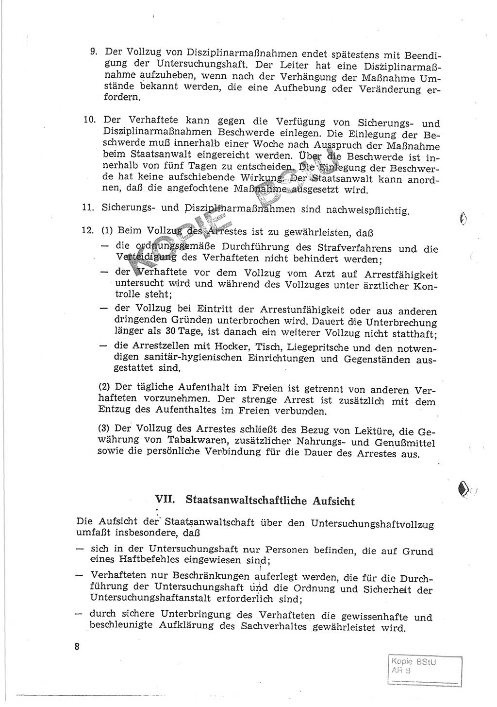 Gemeinsame Anweisung über die Durchführung der Untersuchungshaft (Untersuchungshaftvollzugsordnung) - UHVO - vom 8. November 1968 [Deutsche Demokratische Republik (DDR)], Der Generalstaatsanwalt der Deutschen Demokratischen Republik, Der Minister für Staatssicherheit, Der Minister des Innern und Chef der Deutschen Volkspolizei, 8.11.1968, Seite 8 (UHVO DDR /68 1968, S. 8)