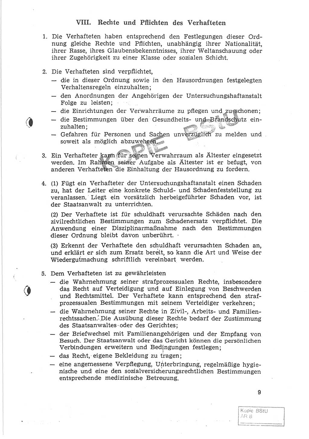 Gemeinsame Anweisung über die Durchführung der Untersuchungshaft (Untersuchungshaftvollzugsordnung) - UHVO - vom 8. November 1968 [Deutsche Demokratische Republik (DDR)], Der Generalstaatsanwalt der Deutschen Demokratischen Republik, Der Minister für Staatssicherheit, Der Minister des Innern und Chef der Deutschen Volkspolizei, 8.11.1968, Seite 9 (UHVO DDR /68 1968, S. 9)