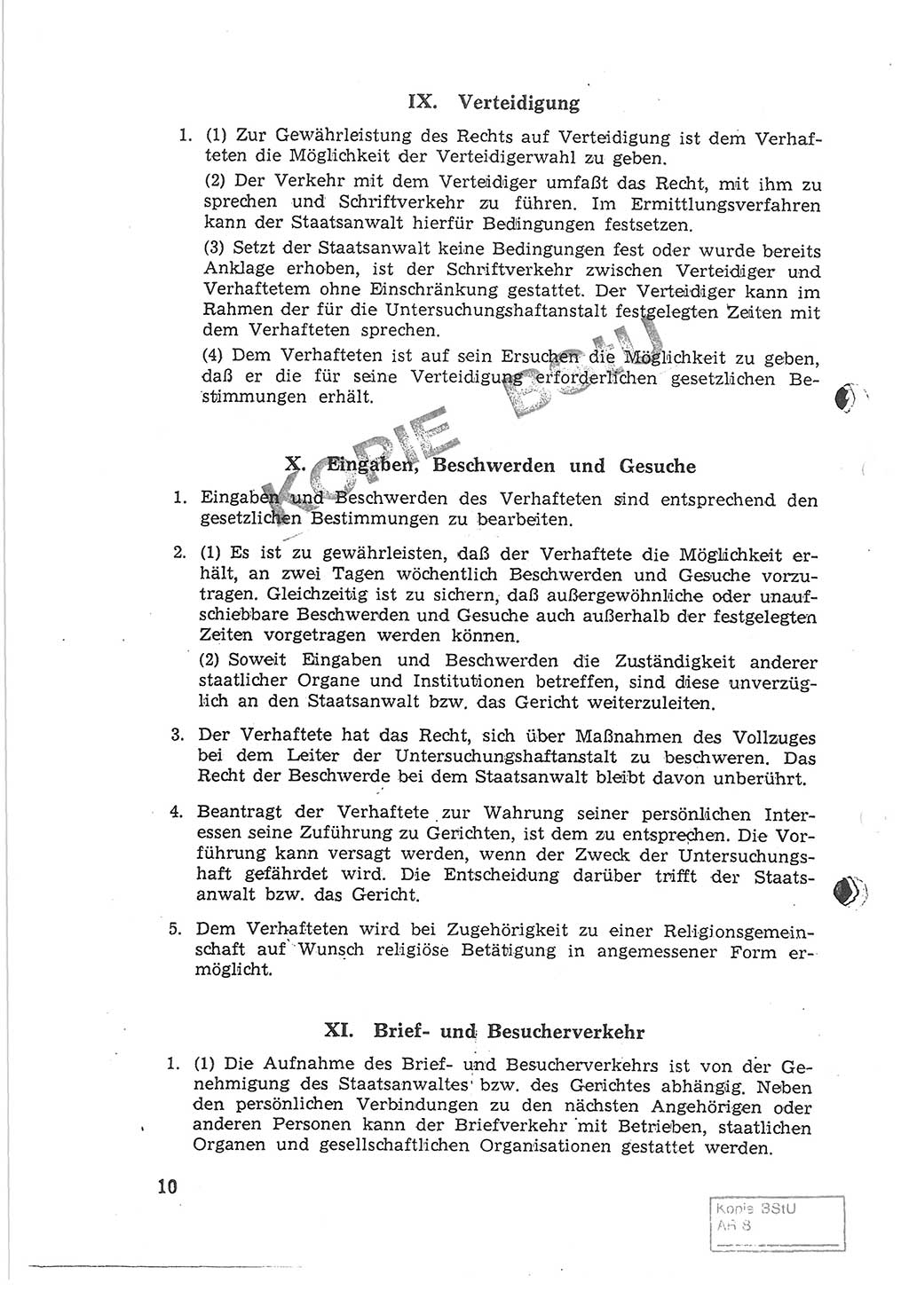 Gemeinsame Anweisung über die Durchführung der Untersuchungshaft (Untersuchungshaftvollzugsordnung) - UHVO - vom 8. November 1968 [Deutsche Demokratische Republik (DDR)], Der Generalstaatsanwalt der Deutschen Demokratischen Republik, Der Minister für Staatssicherheit, Der Minister des Innern und Chef der Deutschen Volkspolizei, 8.11.1968, Seite 10 (UHVO DDR /68 1968, S. 10)