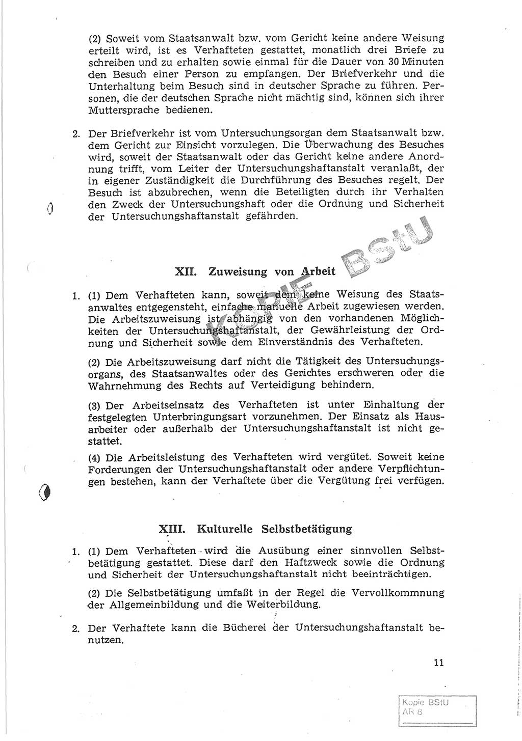 Gemeinsame Anweisung über die Durchführung der Untersuchungshaft (Untersuchungshaftvollzugsordnung) - UHVO - vom 8. November 1968 [Deutsche Demokratische Republik (DDR)], Der Generalstaatsanwalt der Deutschen Demokratischen Republik, Der Minister für Staatssicherheit, Der Minister des Innern und Chef der Deutschen Volkspolizei, 8.11.1968, Seite 11 (UHVO DDR /68 1968, S. 11)