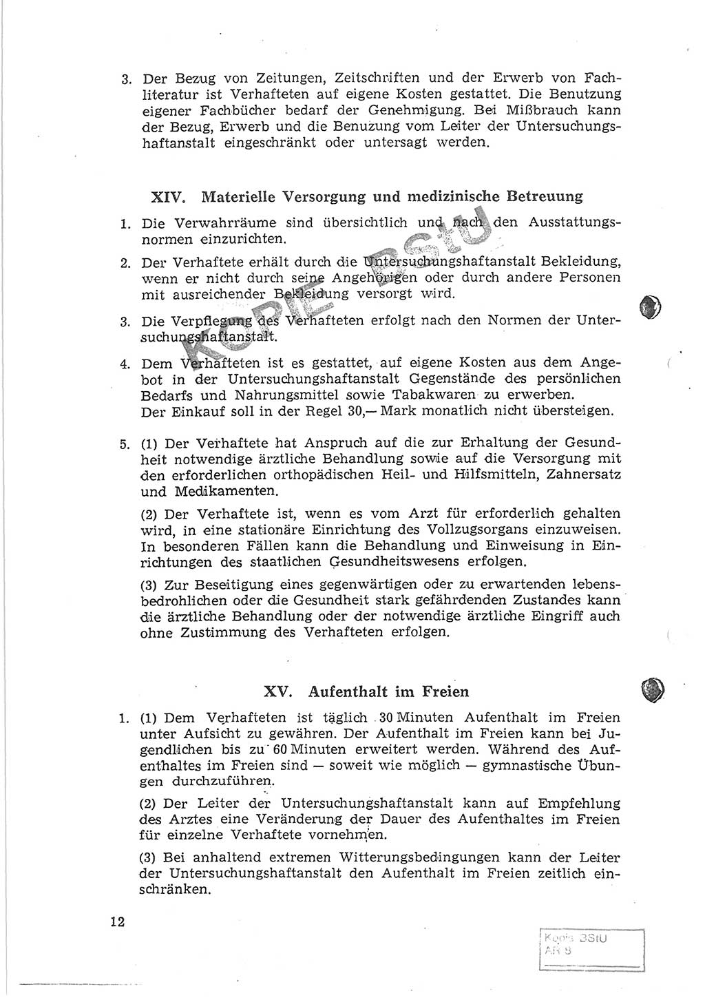 Gemeinsame Anweisung über die Durchführung der Untersuchungshaft (Untersuchungshaftvollzugsordnung) - UHVO - vom 8. November 1968 [Deutsche Demokratische Republik (DDR)], Der Generalstaatsanwalt der Deutschen Demokratischen Republik, Der Minister für Staatssicherheit, Der Minister des Innern und Chef der Deutschen Volkspolizei, 8.11.1968, Seite 12 (UHVO DDR /68 1968, S. 12)