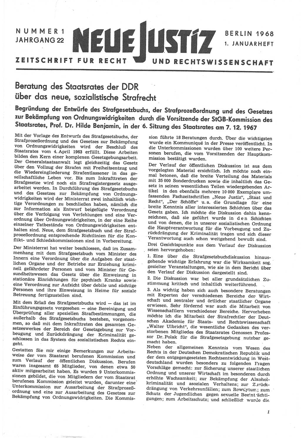 Neue Justiz (NJ), Zeitschrift für Recht und Rechtswissenschaft [Deutsche Demokratische Republik (DDR)], 22. Jahrgang 1968, Seite 1 (NJ DDR 1968, S. 1)