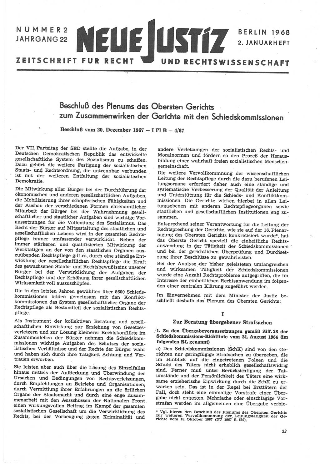 Neue Justiz (NJ), Zeitschrift für Recht und Rechtswissenschaft [Deutsche Demokratische Republik (DDR)], 22. Jahrgang 1968, Seite 33 (NJ DDR 1968, S. 33)