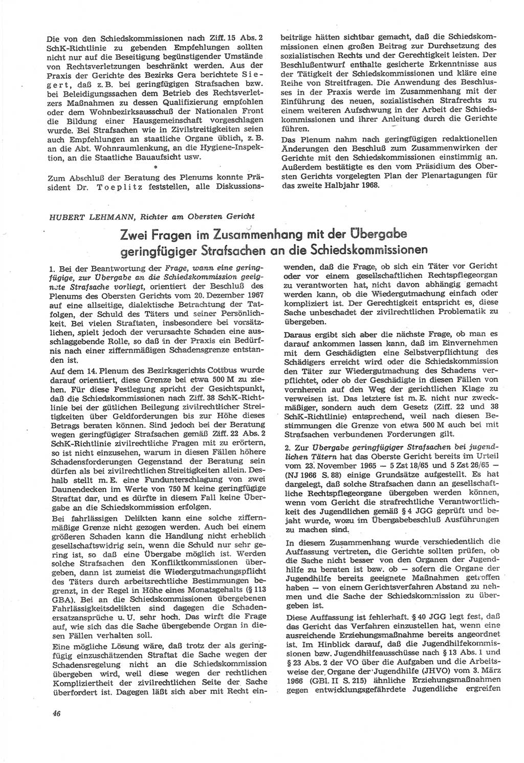Neue Justiz (NJ), Zeitschrift für Recht und Rechtswissenschaft [Deutsche Demokratische Republik (DDR)], 22. Jahrgang 1968, Seite 46 (NJ DDR 1968, S. 46)