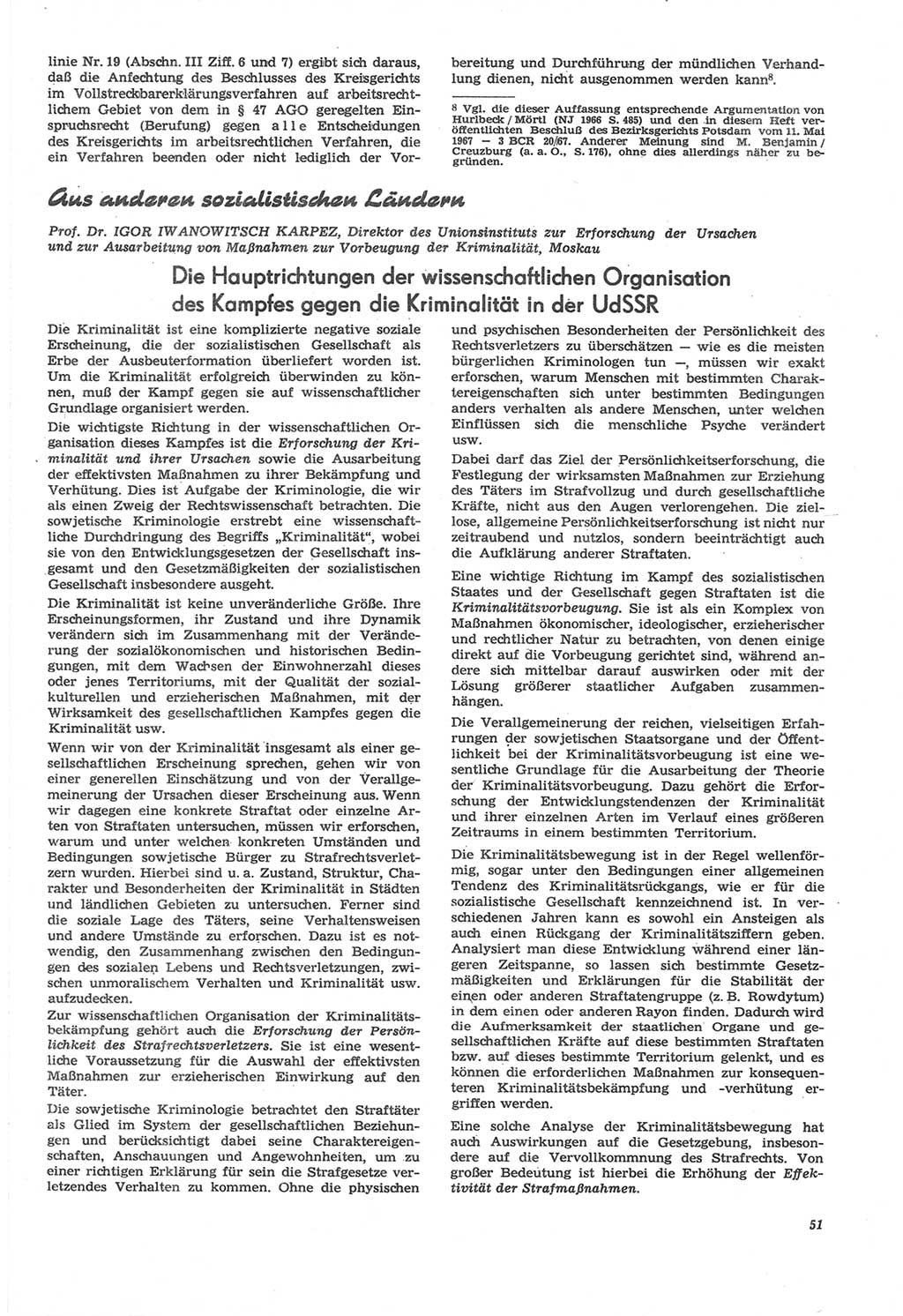 Neue Justiz (NJ), Zeitschrift für Recht und Rechtswissenschaft [Deutsche Demokratische Republik (DDR)], 22. Jahrgang 1968, Seite 51 (NJ DDR 1968, S. 51)