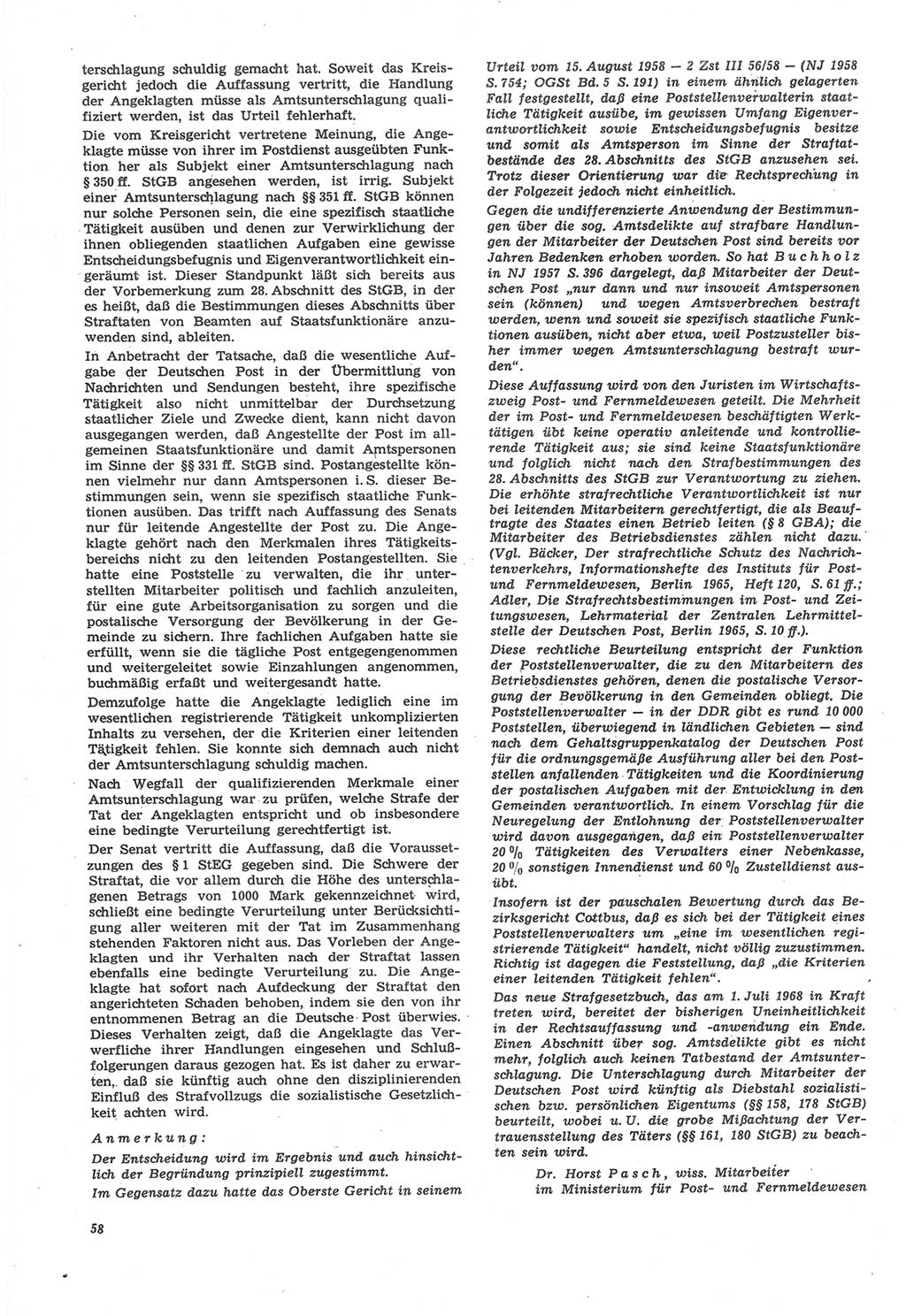 Neue Justiz (NJ), Zeitschrift für Recht und Rechtswissenschaft [Deutsche Demokratische Republik (DDR)], 22. Jahrgang 1968, Seite 58 (NJ DDR 1968, S. 58)